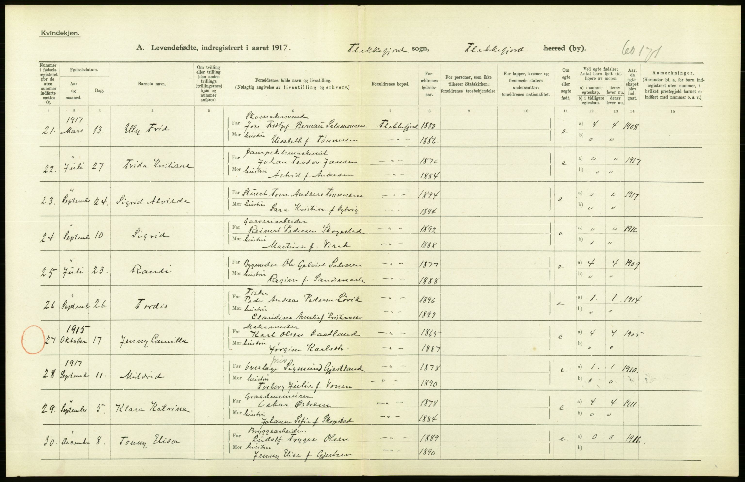 Statistisk sentralbyrå, Sosiodemografiske emner, Befolkning, AV/RA-S-2228/D/Df/Dfb/Dfbg/L0029: Lister og Mandals amt: Levendefødte menn og kvinner. Bygder og byer., 1917, p. 86