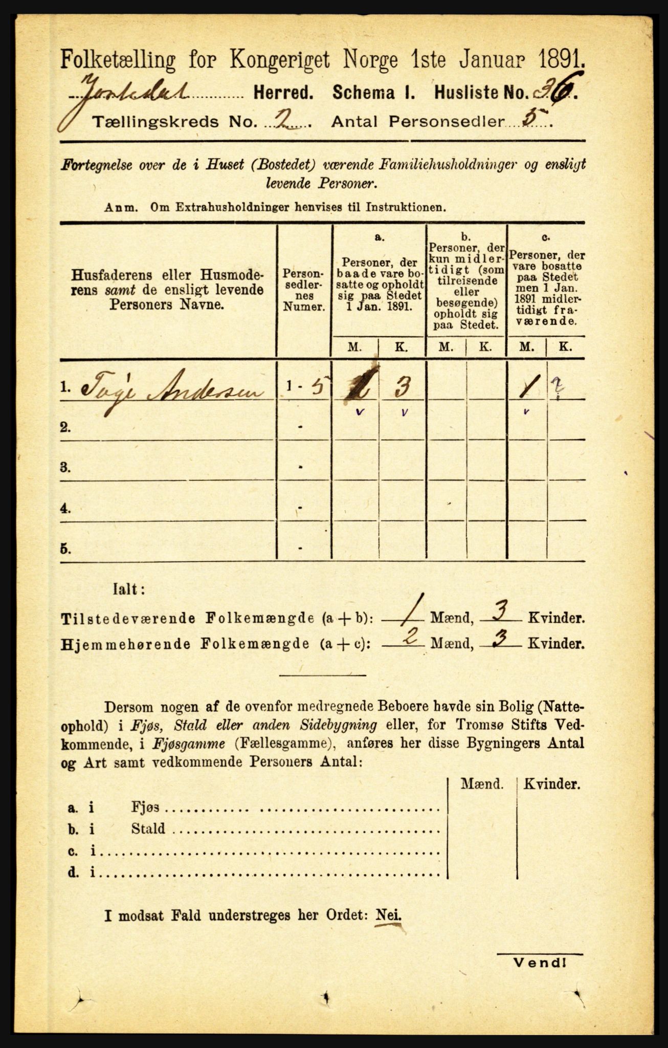 RA, 1891 census for 1427 Jostedal, 1891, p. 487