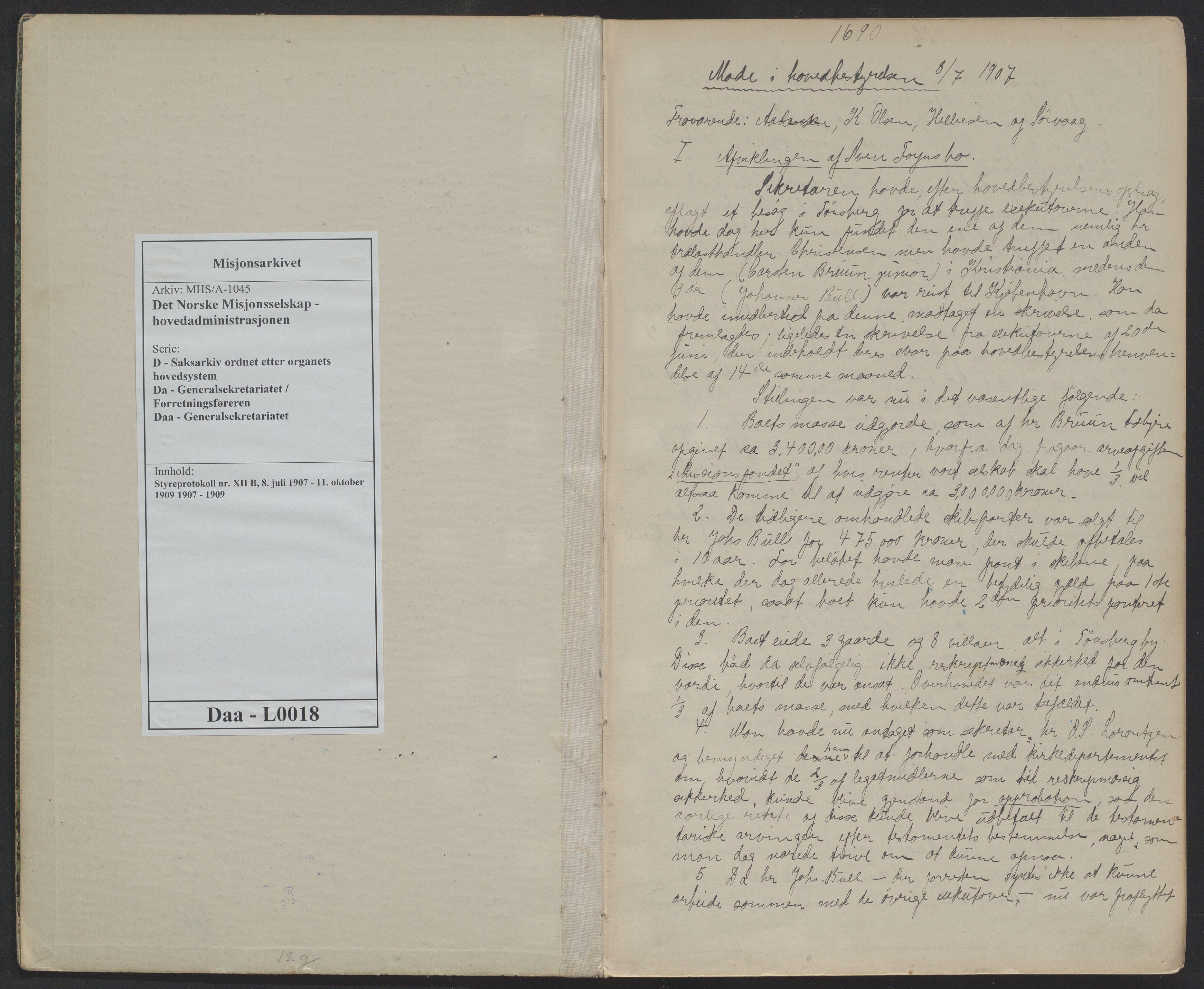 Det Norske Misjonsselskap - hovedadministrasjonen, VID/MA-A-1045/D/Da/Daa/L0018: Styreprotokoll nr. XII B, 8. juli 1907 - 11. oktober 1909, 1907-1909, p. 1690