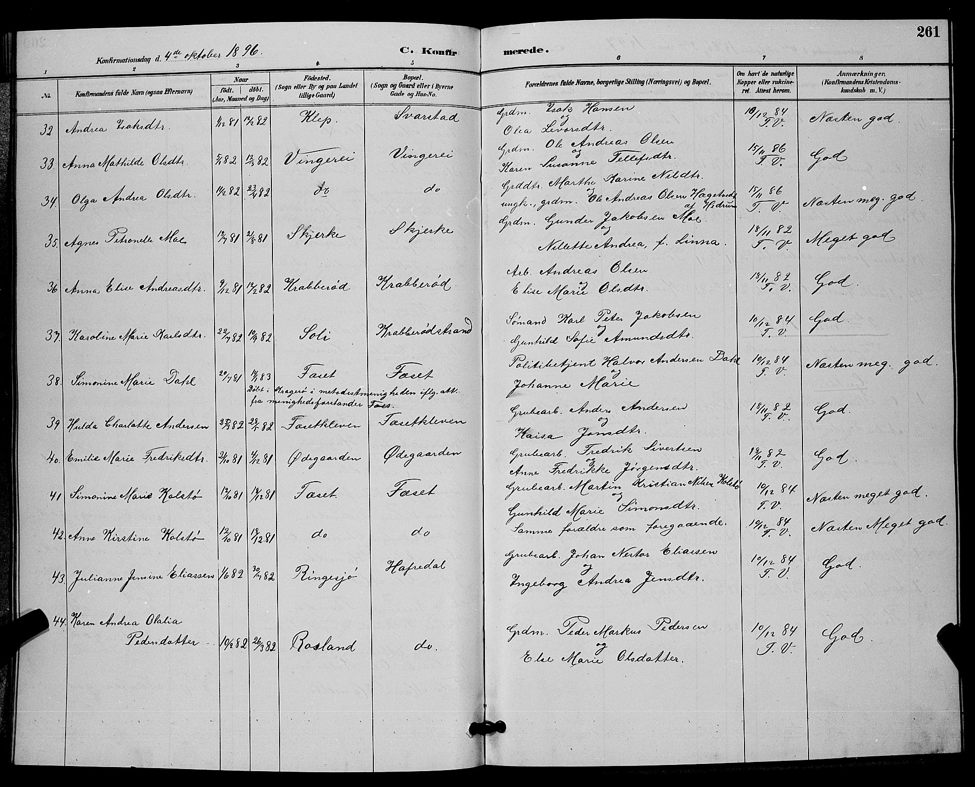 Bamble kirkebøker, SAKO/A-253/G/Ga/L0009: Parish register (copy) no. I 9, 1888-1900, p. 261