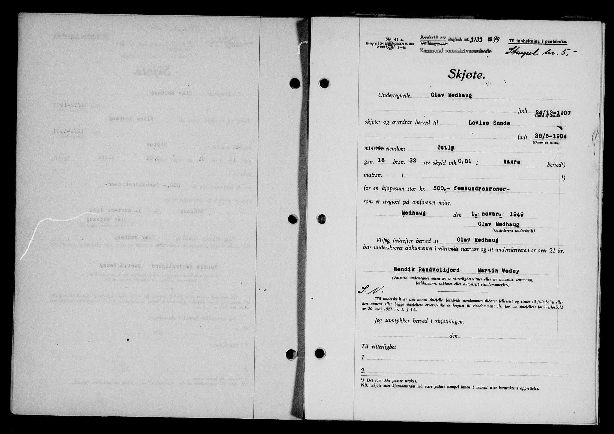 Karmsund sorenskriveri, SAST/A-100311/01/II/IIB/L0098: Mortgage book no. 78A, 1949-1950, Diary no: : 3133/1949