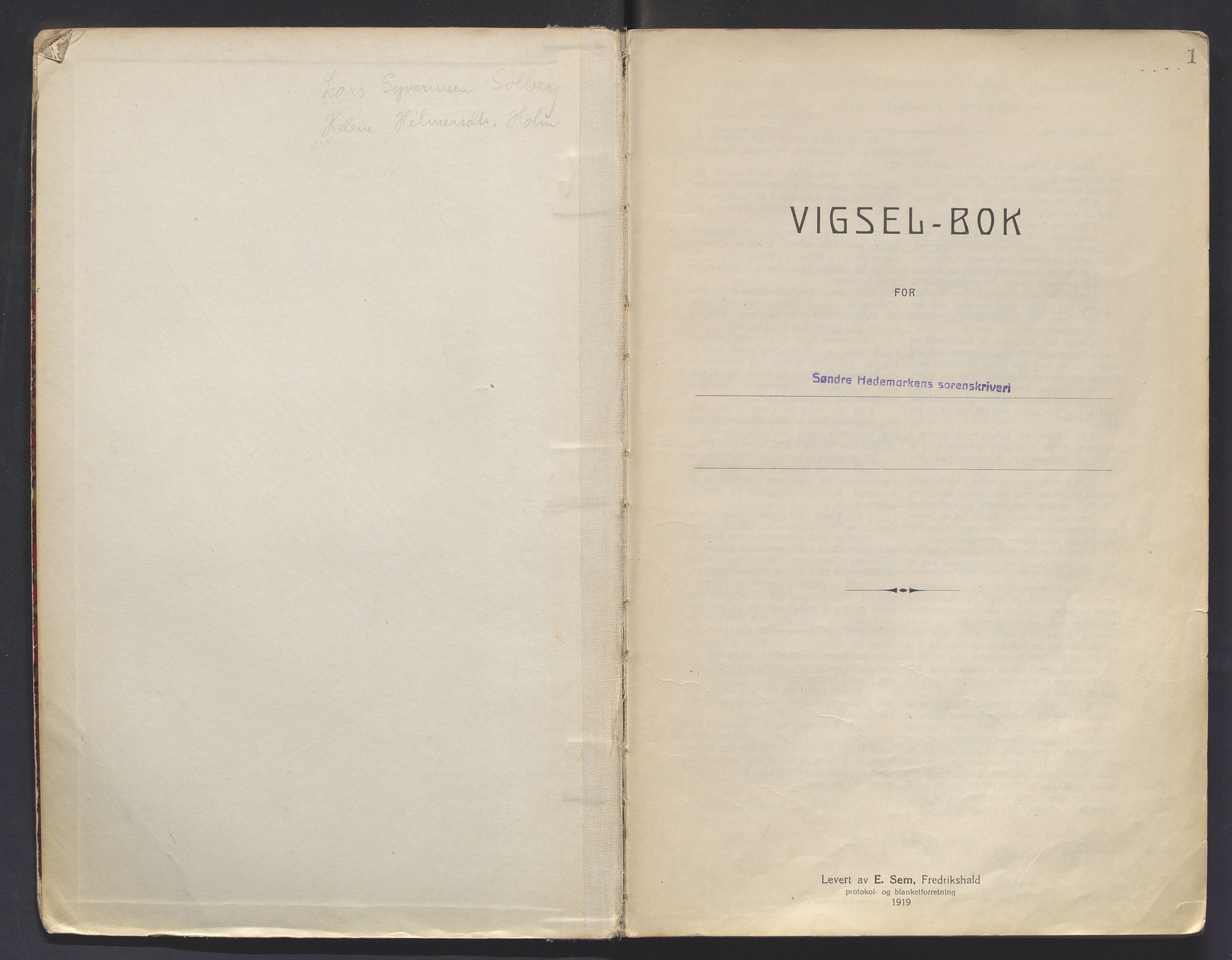 Sør-Hedmark sorenskriveri, AV/SAH-TING-014/L/Le/L0001/0001: Vigselbøker / Vigselbok, 1920-1938, p. 1