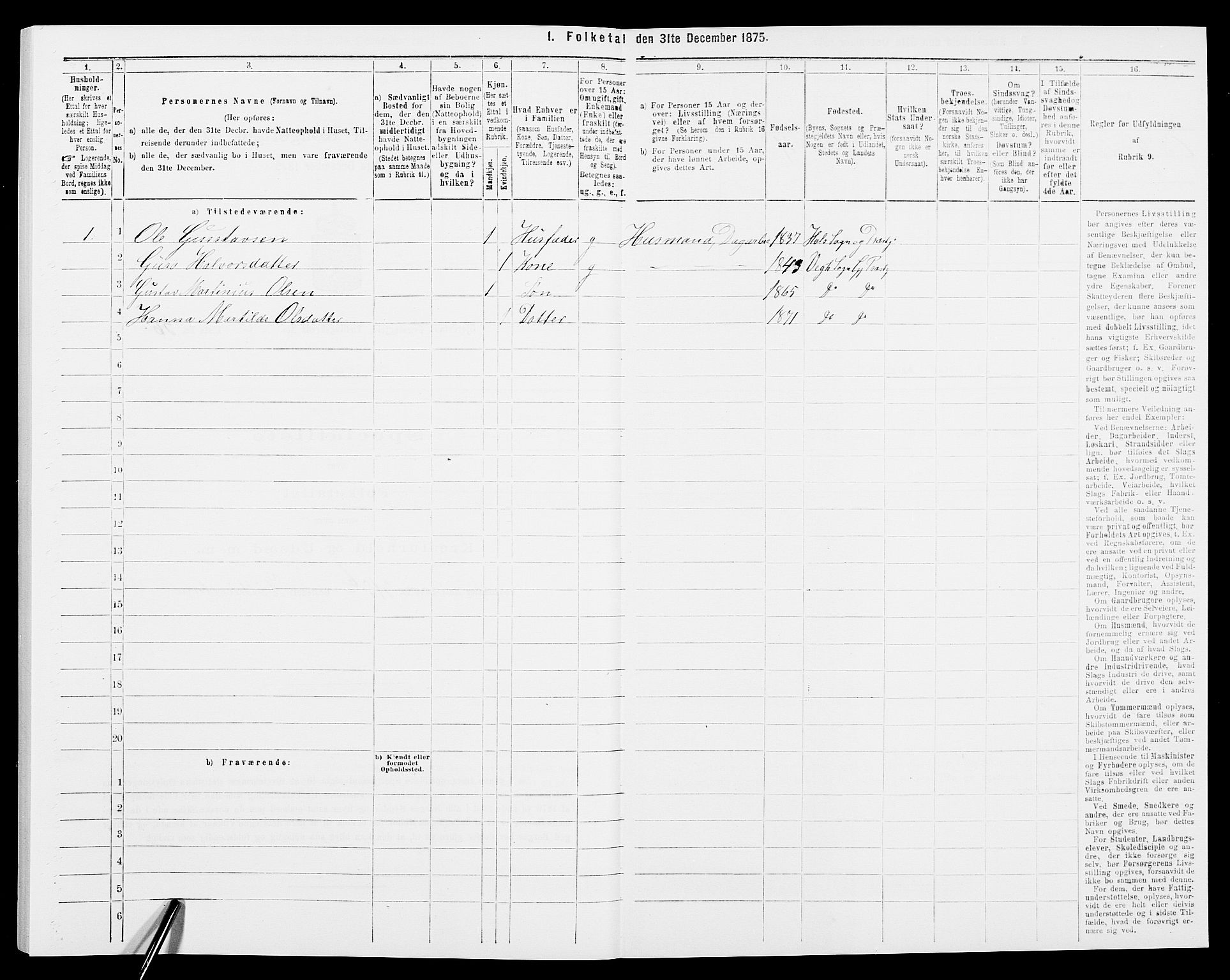 SAK, 1875 census for 0911P Gjerstad, 1875, p. 1279