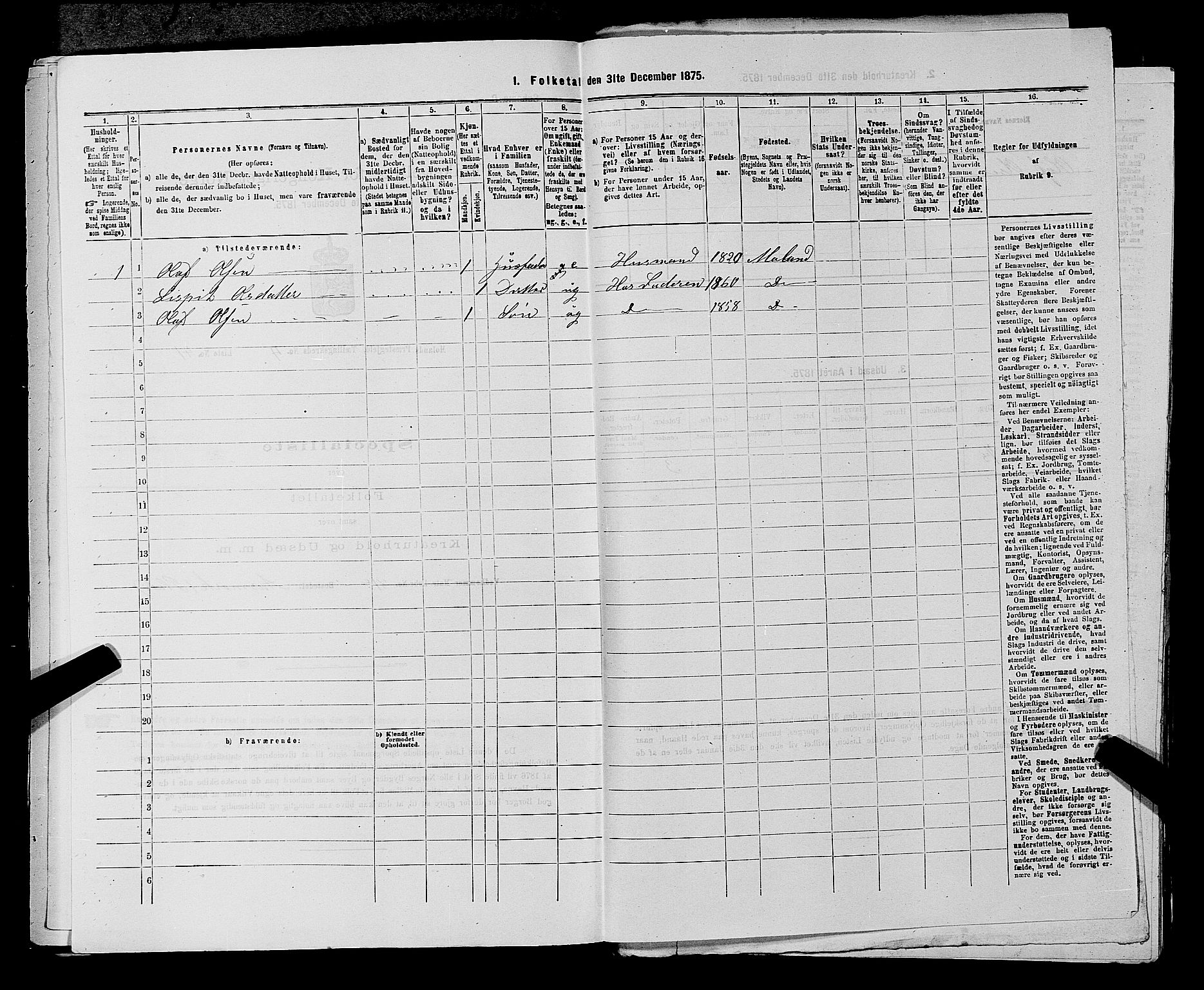 SAKO, 1875 census for 0831P Moland, 1875, p. 438