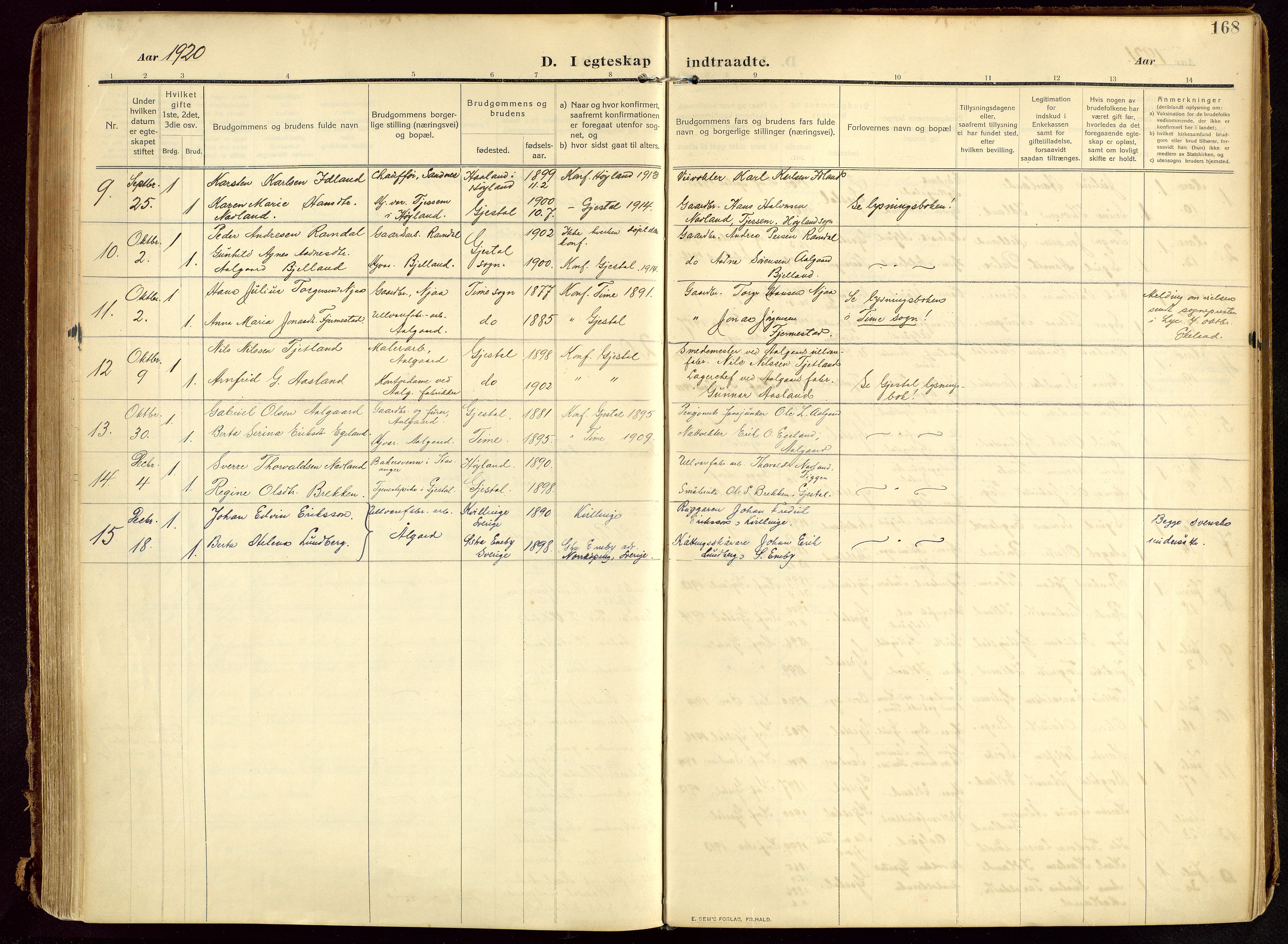 Lye sokneprestkontor, AV/SAST-A-101794/002/B/L0001: Parish register (official) no. A 13, 1910-1925, p. 168