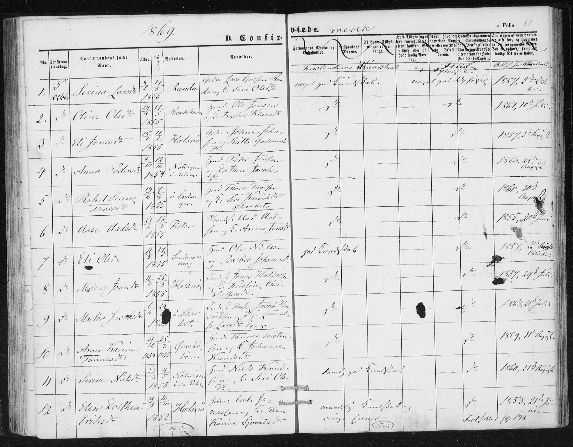 Hjelmeland sokneprestkontor, AV/SAST-A-101843/01/IV/L0010: Parish register (official) no. A 10, 1851-1871, p. 81