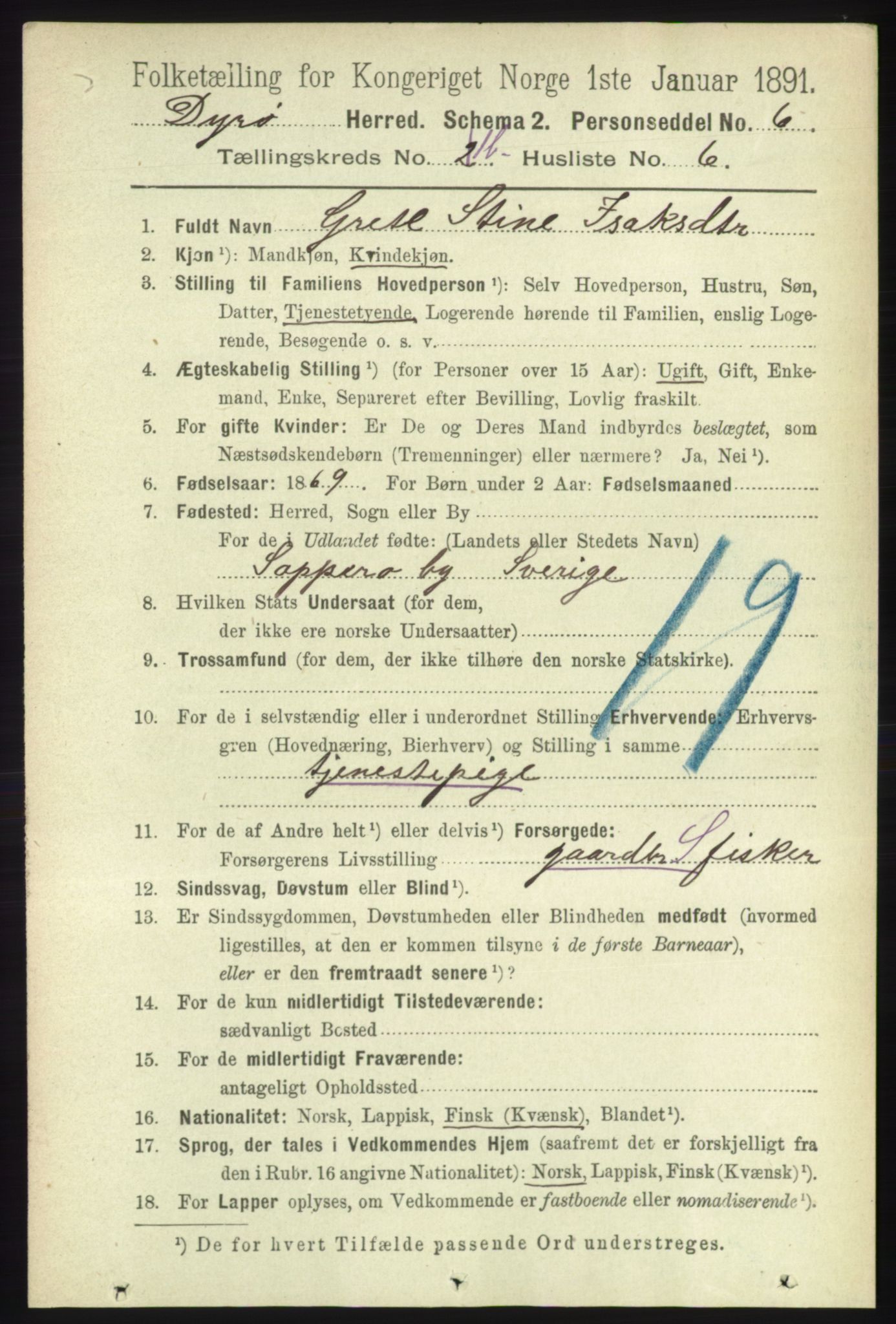 RA, 1891 census for 1926 Dyrøy, 1891, p. 423