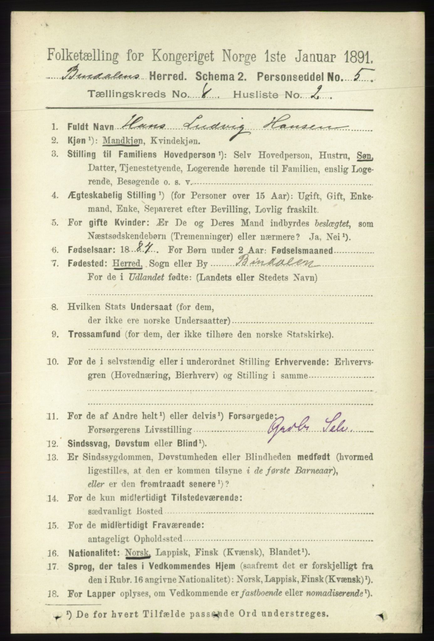 RA, 1891 census for 1811 Bindal, 1891, p. 2619