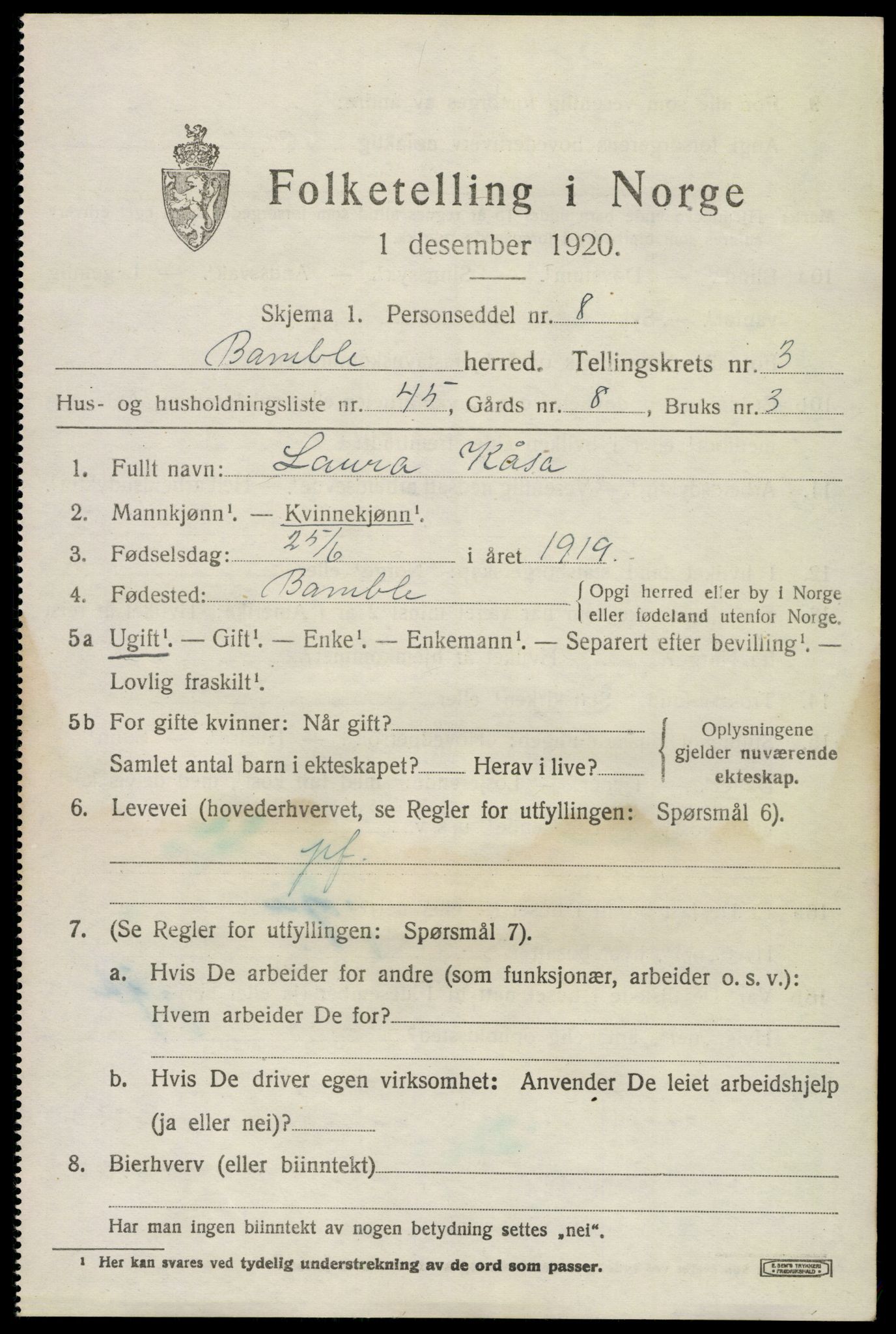 SAKO, 1920 census for Bamble, 1920, p. 4297