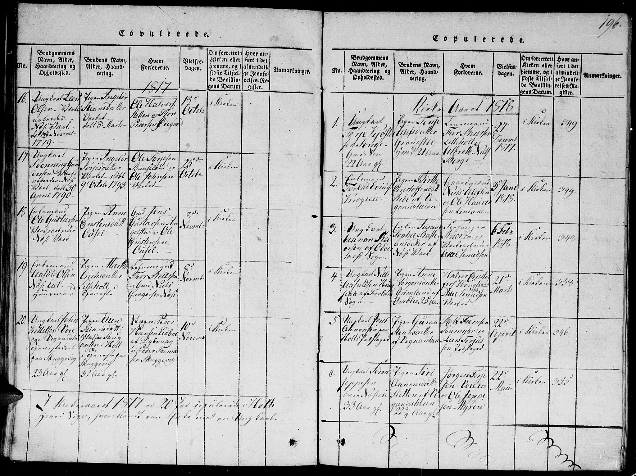 Holt sokneprestkontor, AV/SAK-1111-0021/F/Fb/L0006: Parish register (copy) no. B 6, 1813-1823, p. 196