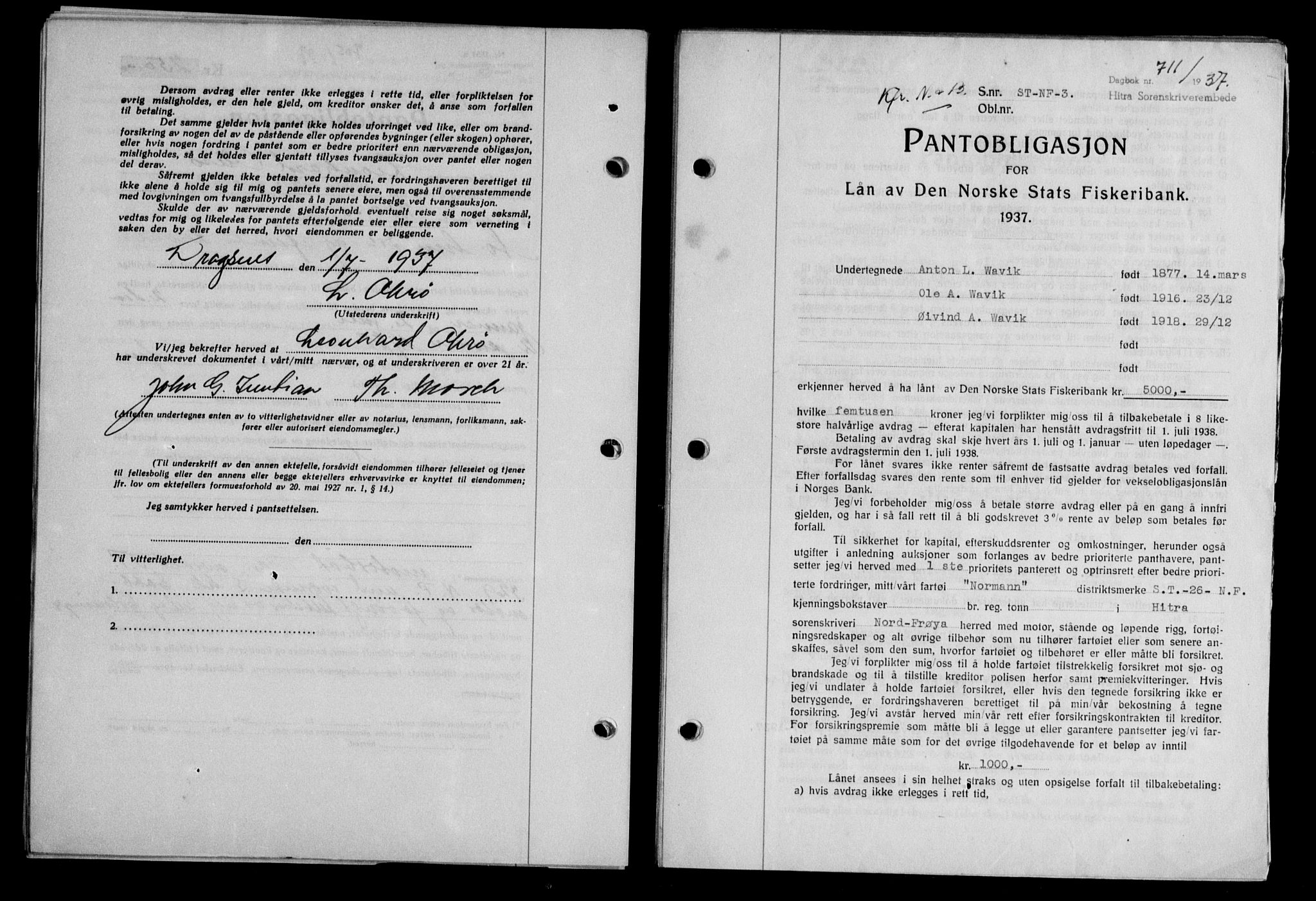 Hitra sorenskriveri, AV/SAT-A-0018/2/2C/2Ca/L0028: Mortgage book no. B-1, 1936-1939, Diary no: : 711/1937