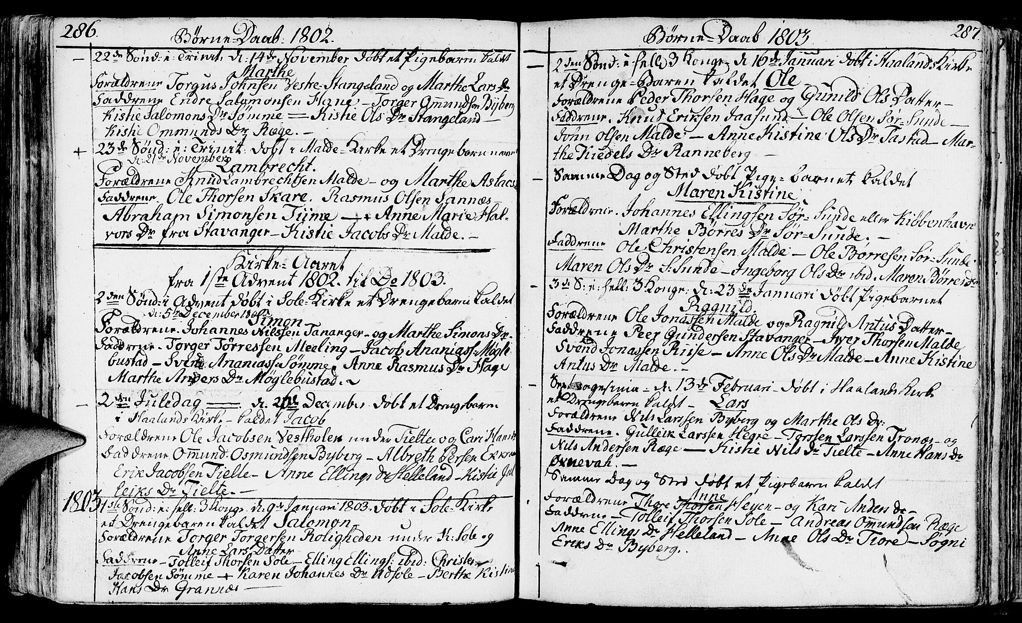 Håland sokneprestkontor, AV/SAST-A-101802/001/30BA/L0003: Parish register (official) no. A 3, 1794-1815, p. 286-287