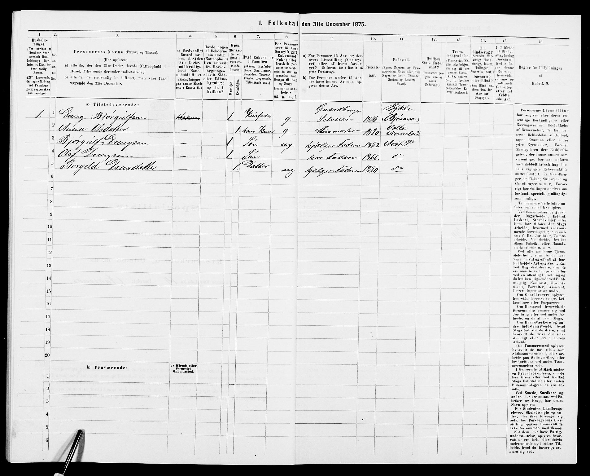 SAK, 1875 census for 0980P Åseral, 1875, p. 278