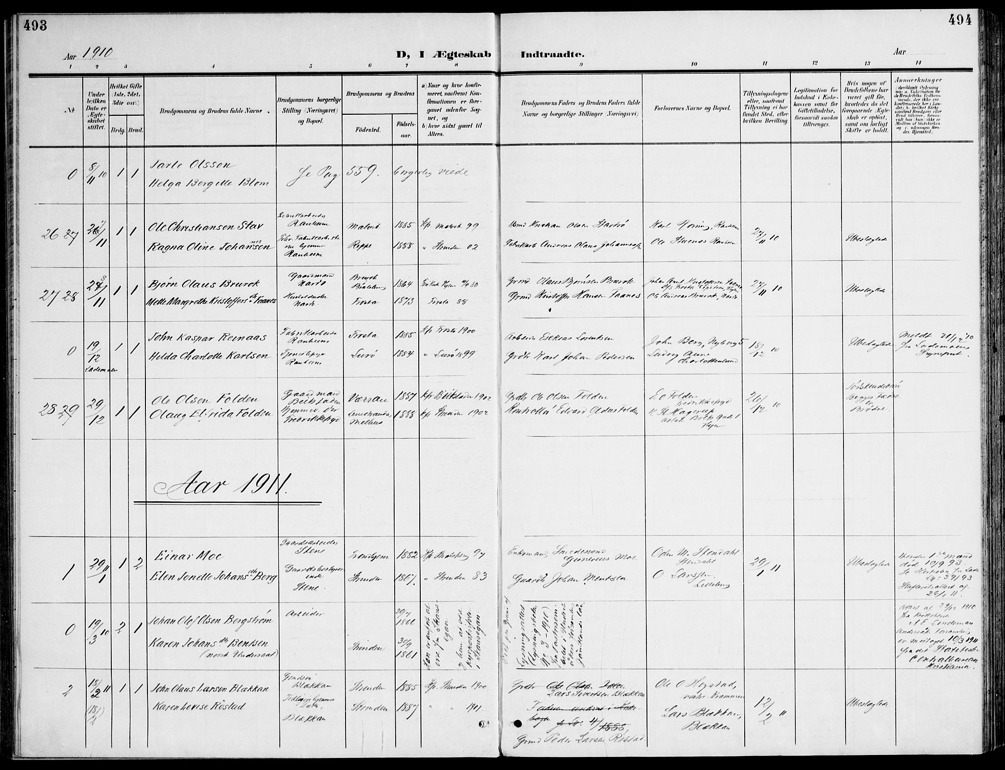 Ministerialprotokoller, klokkerbøker og fødselsregistre - Sør-Trøndelag, SAT/A-1456/607/L0320: Parish register (official) no. 607A04, 1907-1915, p. 493-494