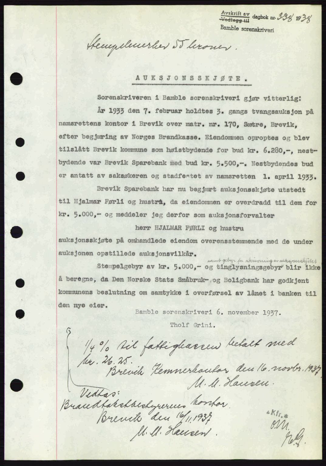 Bamble sorenskriveri, AV/SAKO-A-214/G/Ga/Gag/L0002: Mortgage book no. A-2, 1937-1938, Diary no: : 338/1938