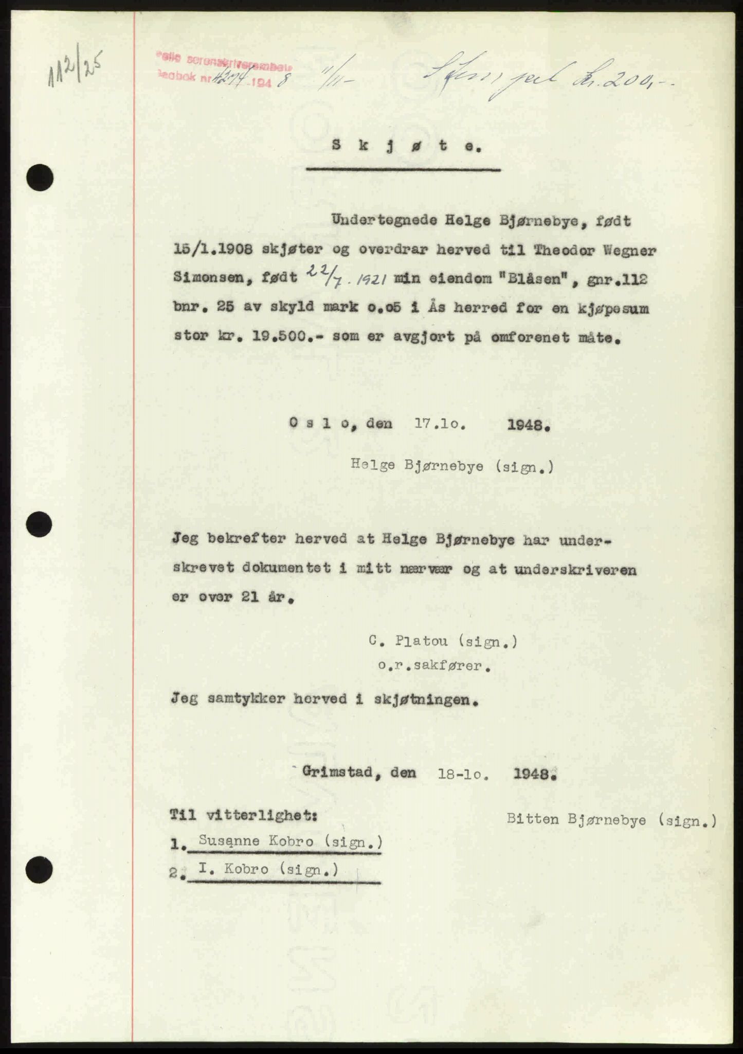 Follo sorenskriveri, SAO/A-10274/G/Ga/Gaa/L0085: Mortgage book no. I 85, 1948-1948, Diary no: : 4274/1948