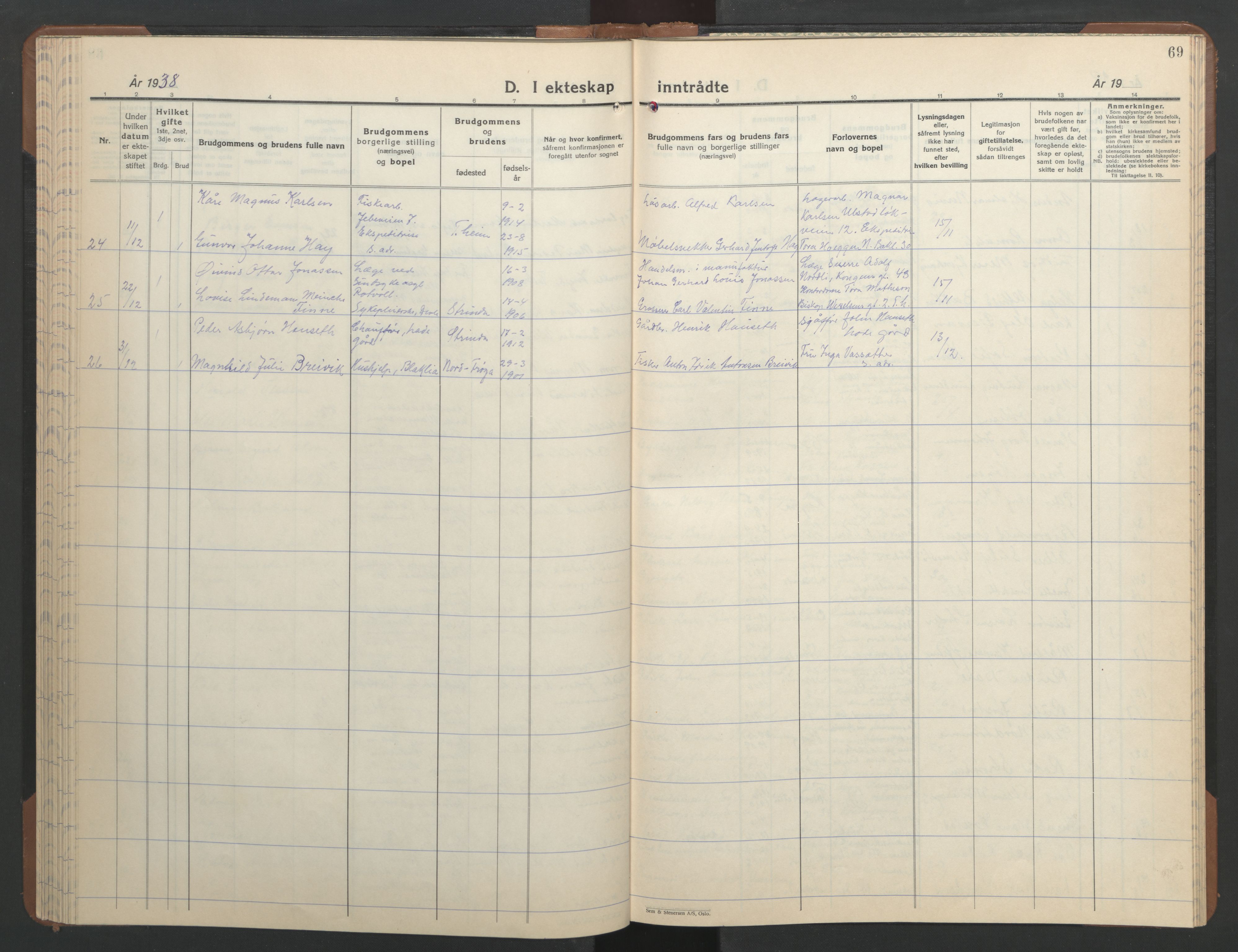 Ministerialprotokoller, klokkerbøker og fødselsregistre - Sør-Trøndelag, AV/SAT-A-1456/606/L0315: Parish register (copy) no. 606C11, 1938-1947, p. 69