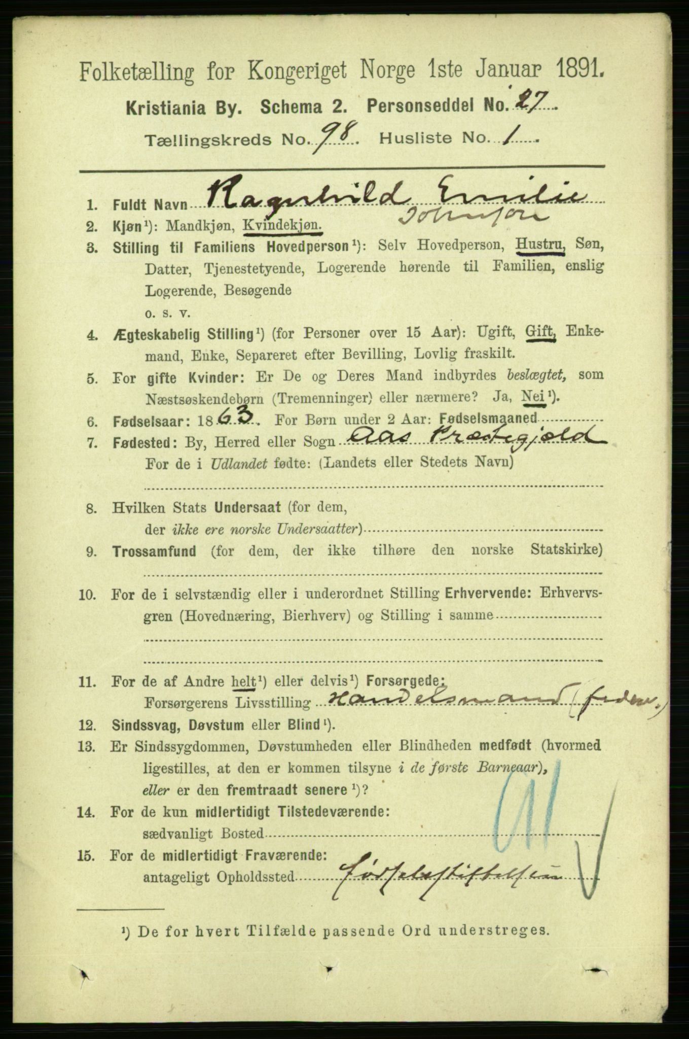 RA, 1891 census for 0301 Kristiania, 1891, p. 47726