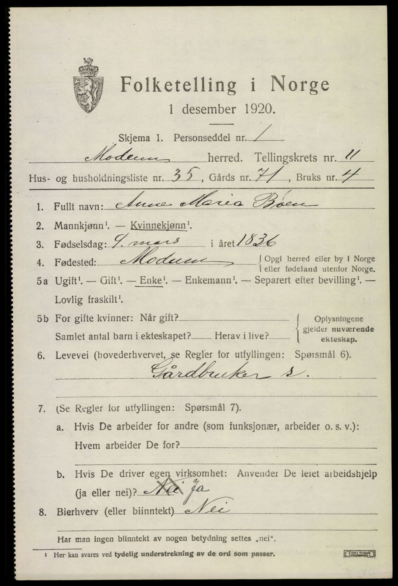 SAKO, 1920 census for Modum, 1920, p. 14095