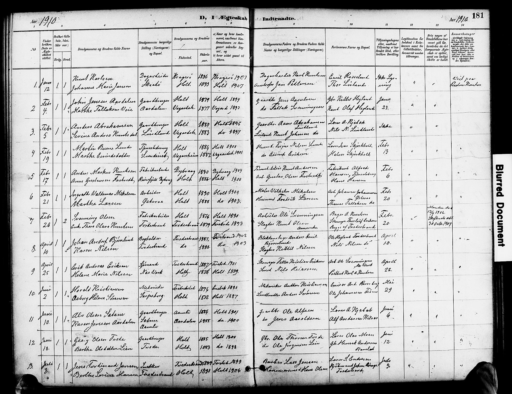 Holt sokneprestkontor, SAK/1111-0021/F/Fb/L0011: Parish register (copy) no. B 11, 1897-1921, p. 181