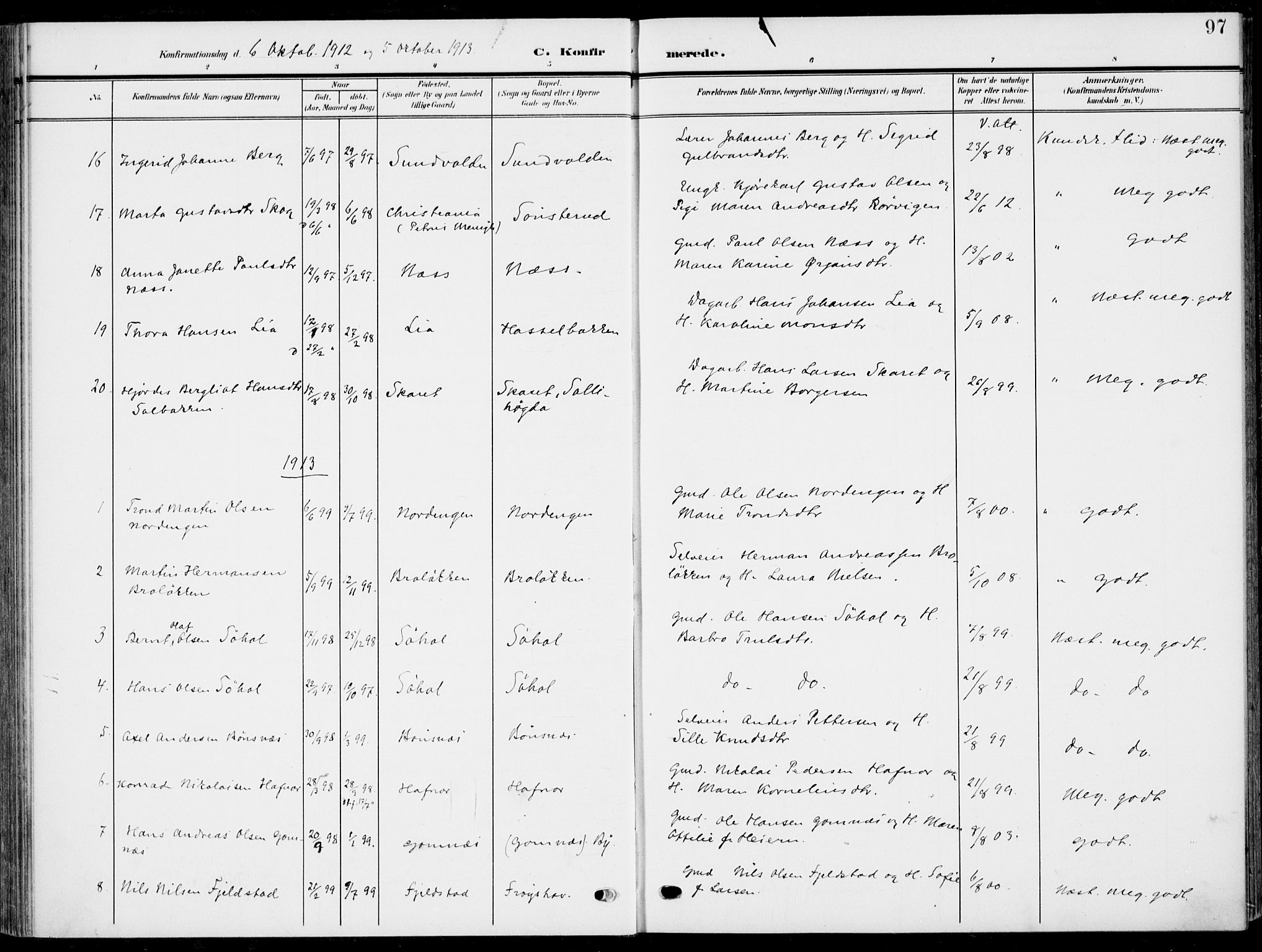 Hole kirkebøker, SAKO/A-228/F/Fa/L0010: Parish register (official) no. I 10, 1907-1917, p. 97
