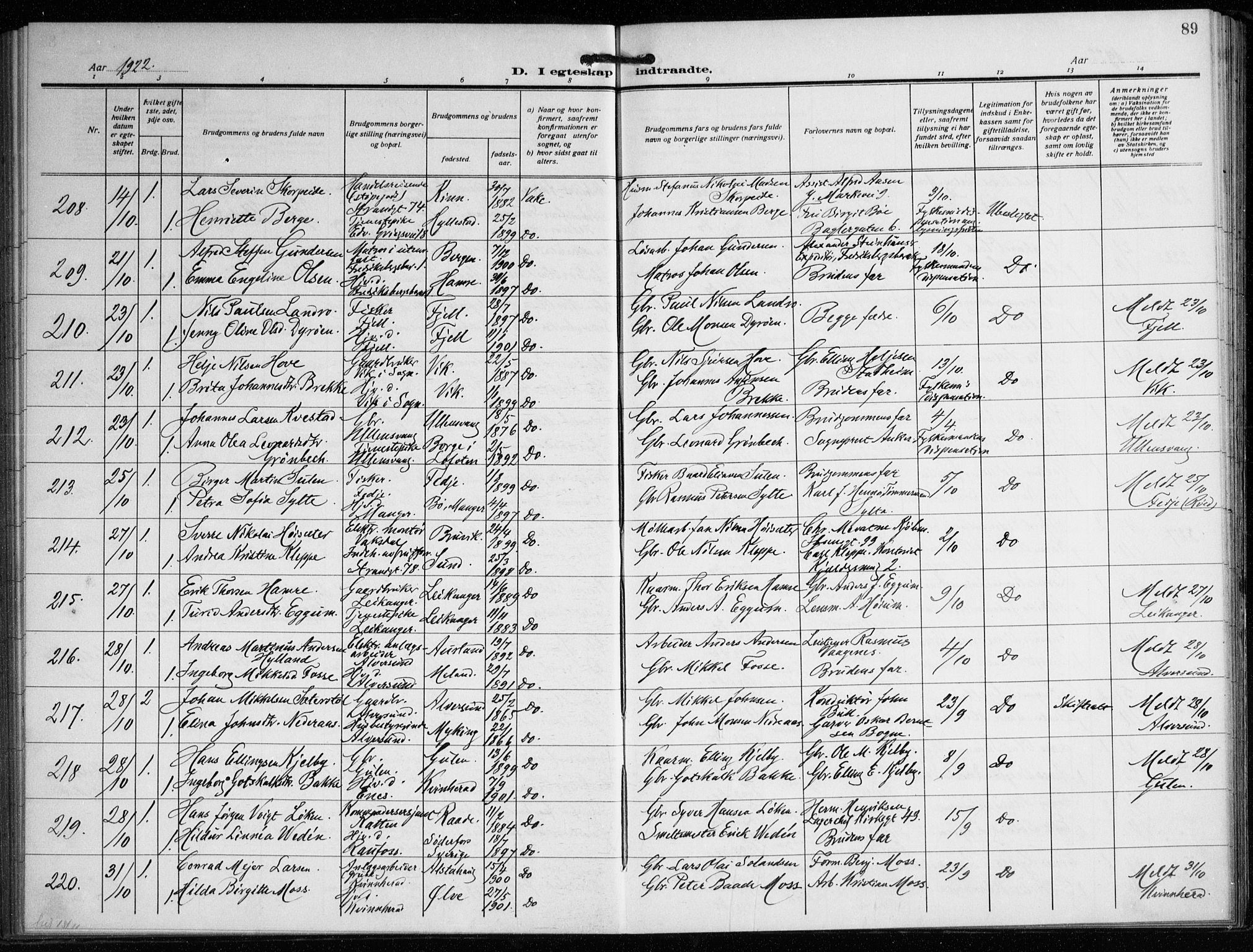 Nykirken Sokneprestembete, AV/SAB-A-77101/H/Haa/L0037: Parish register (official) no. D 7, 1918-1926, p. 89