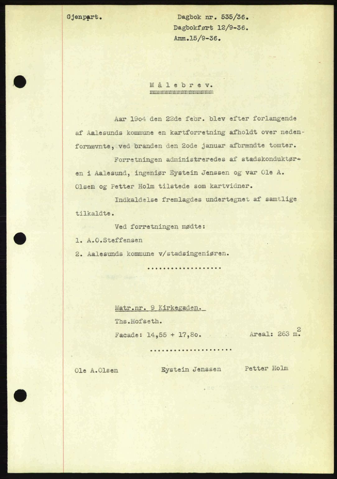 Ålesund byfogd, AV/SAT-A-4384: Mortgage book no. 34 I, 1936-1938, Diary no: : 535/1936