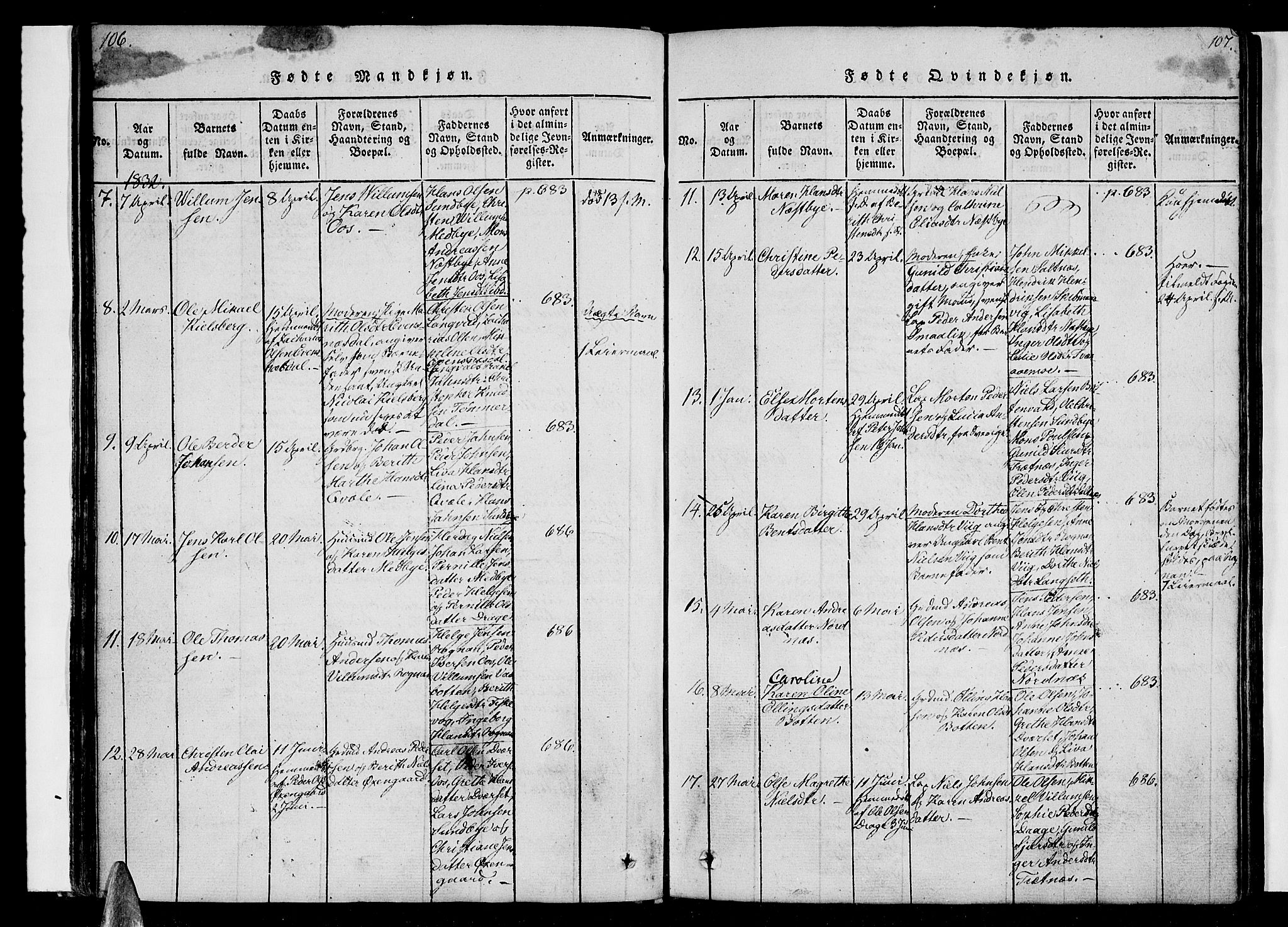 Ministerialprotokoller, klokkerbøker og fødselsregistre - Nordland, AV/SAT-A-1459/847/L0665: Parish register (official) no. 847A05, 1818-1841, p. 106-107