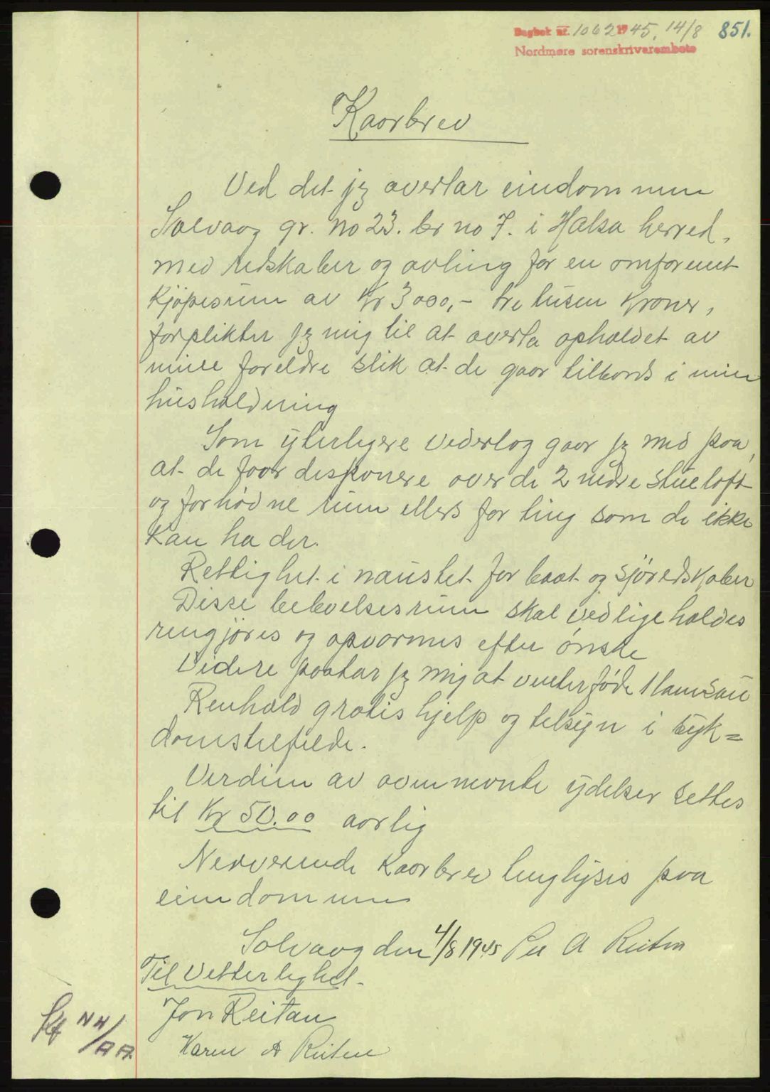 Nordmøre sorenskriveri, AV/SAT-A-4132/1/2/2Ca: Mortgage book no. B92, 1944-1945, Diary no: : 1062/1945