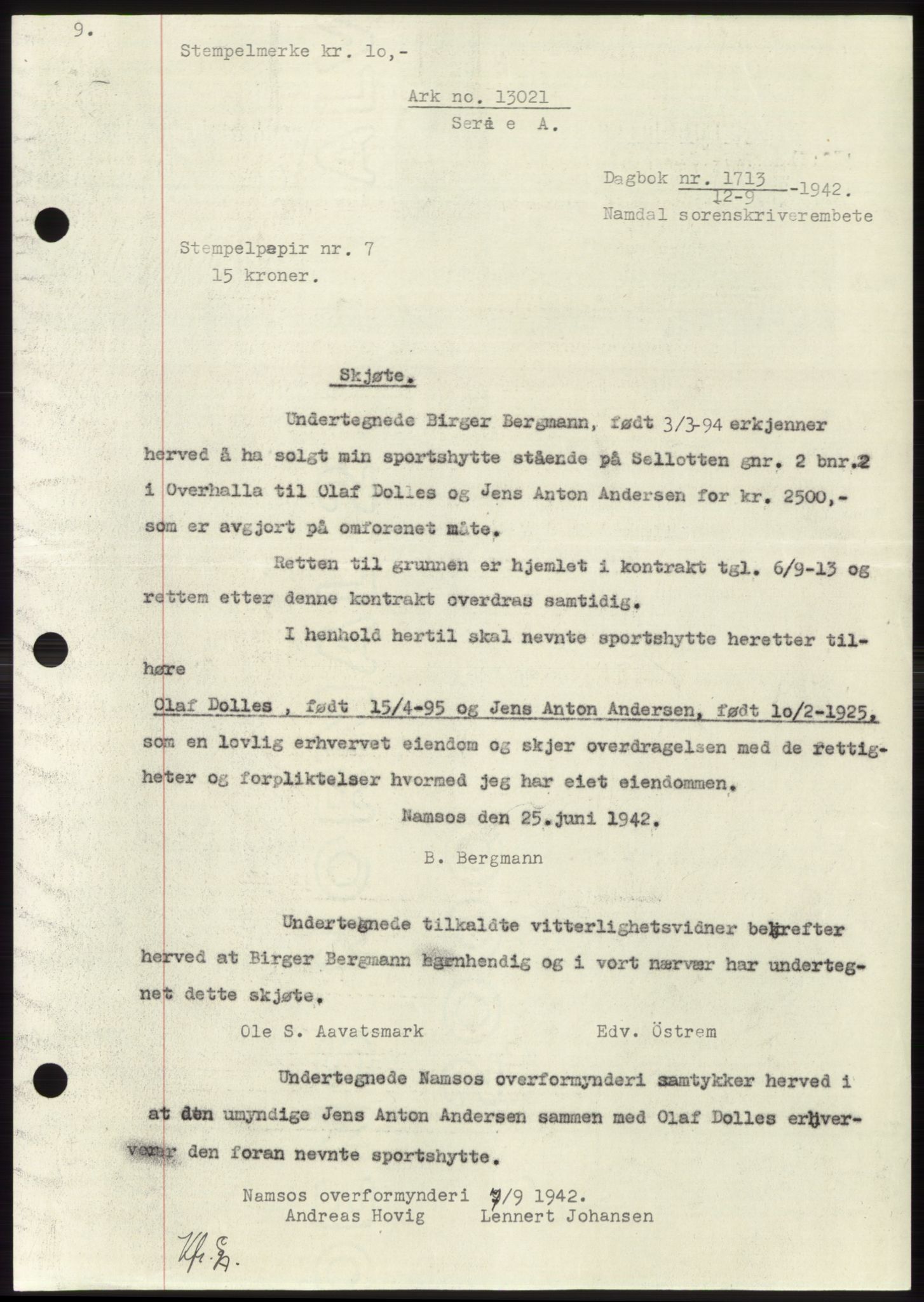 Namdal sorenskriveri, SAT/A-4133/1/2/2C: Mortgage book no. -, 1942-1943, Diary no: : 1713/1942