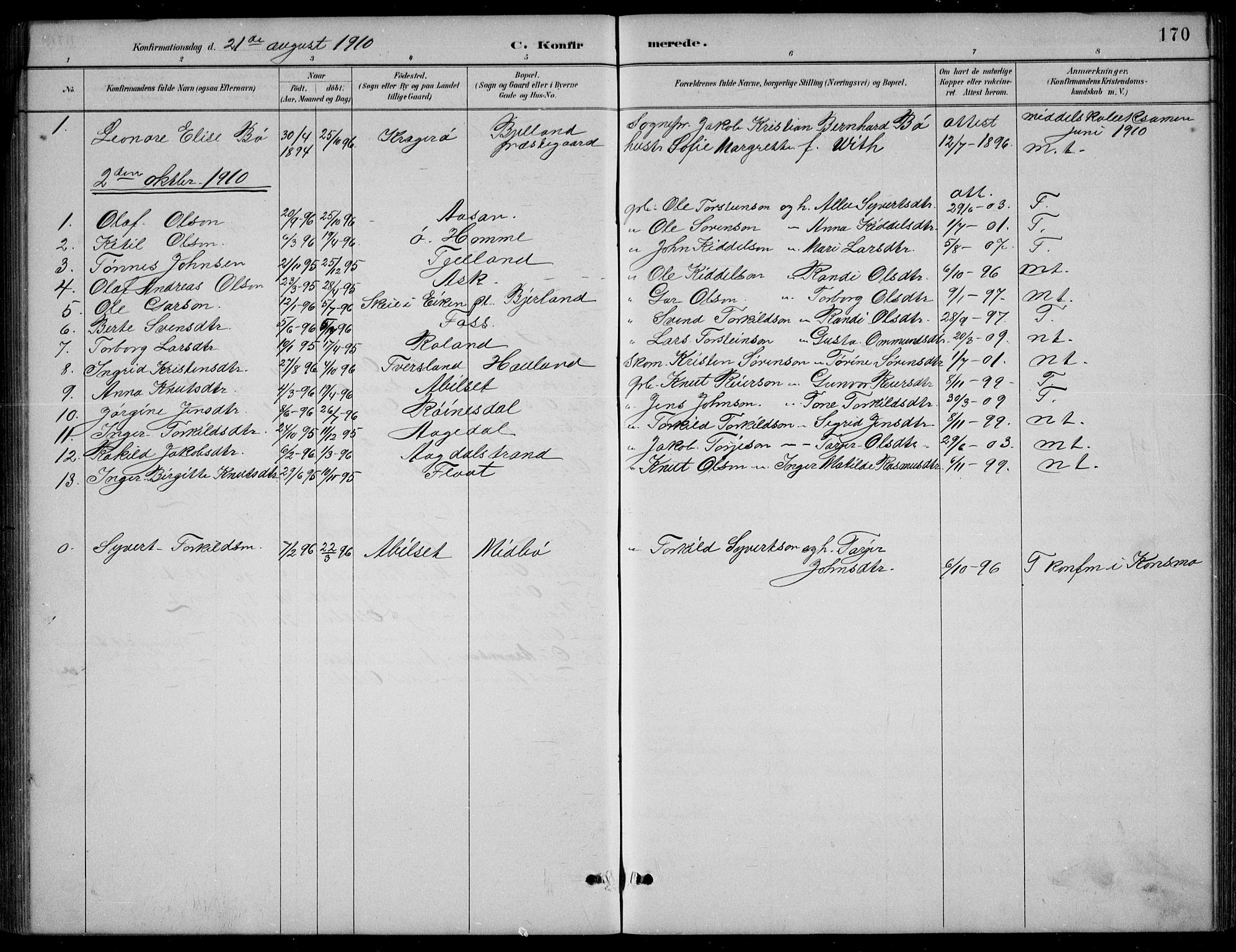 Bjelland sokneprestkontor, SAK/1111-0005/F/Fb/Fba/L0005: Parish register (copy) no. B 5, 1887-1923, p. 170