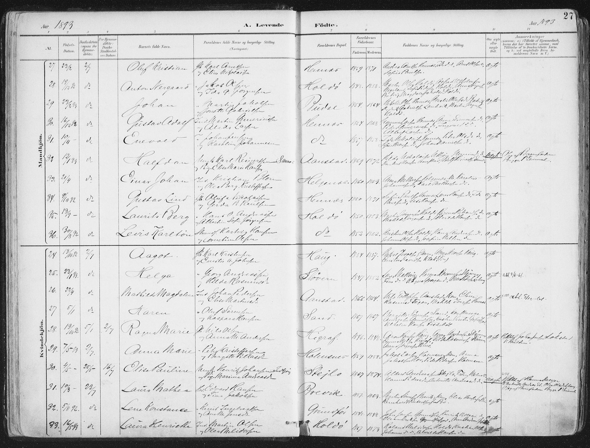 Ministerialprotokoller, klokkerbøker og fødselsregistre - Nordland, SAT/A-1459/888/L1246: Parish register (official) no. 888A12, 1891-1903, p. 27