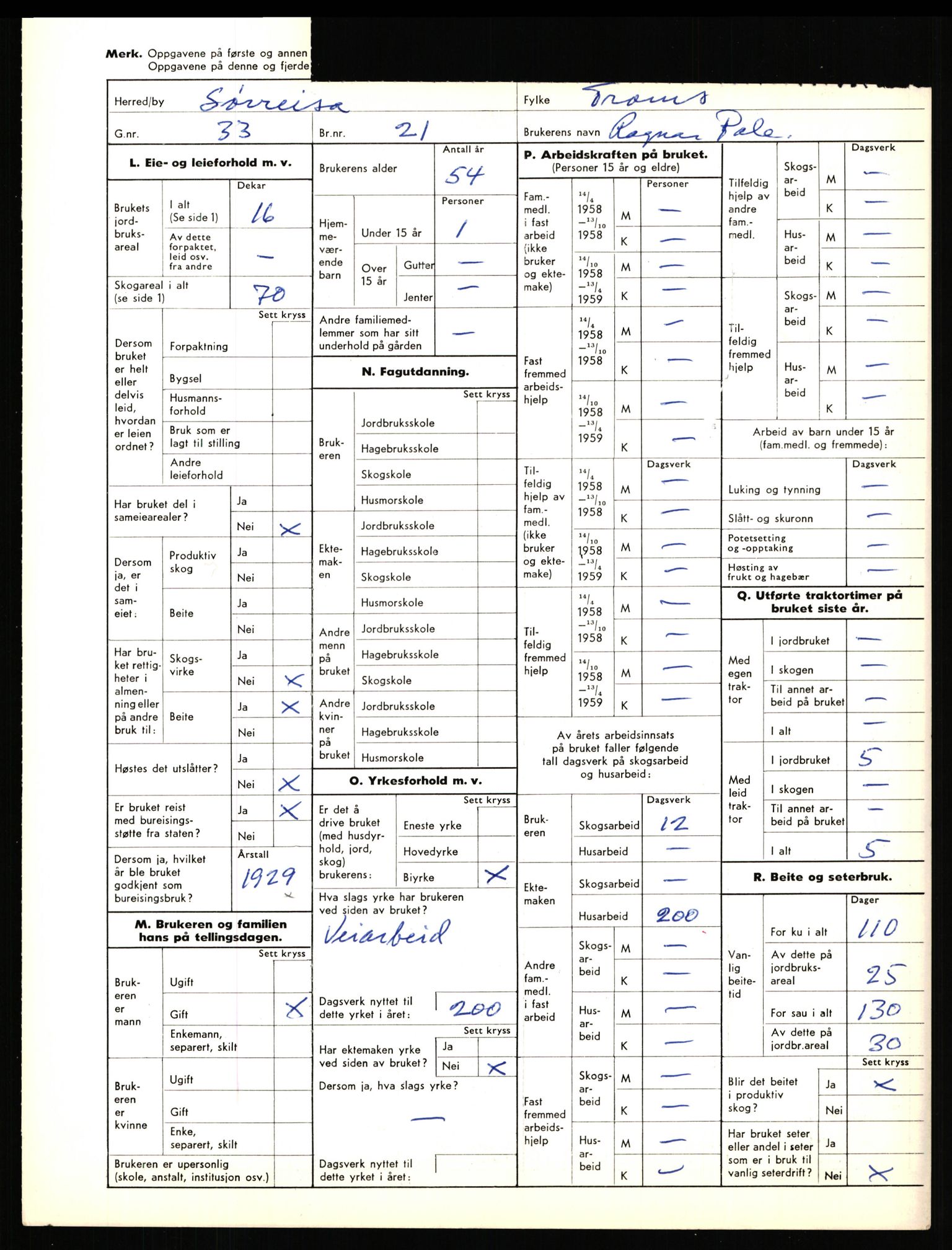 Statistisk sentralbyrå, Næringsøkonomiske emner, Jordbruk, skogbruk, jakt, fiske og fangst, AV/RA-S-2234/G/Gd/L0656: Troms: 1924 Målselv (kl. 0-3) og 1925 Sørreisa, 1959, p. 1432