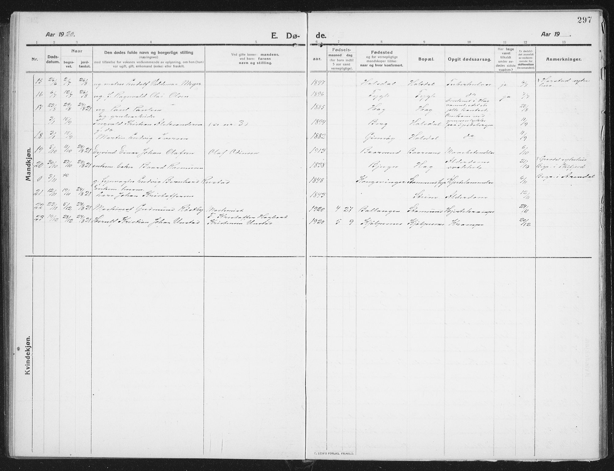 Ministerialprotokoller, klokkerbøker og fødselsregistre - Nordland, SAT/A-1459/882/L1183: Parish register (copy) no. 882C01, 1911-1938, p. 297
