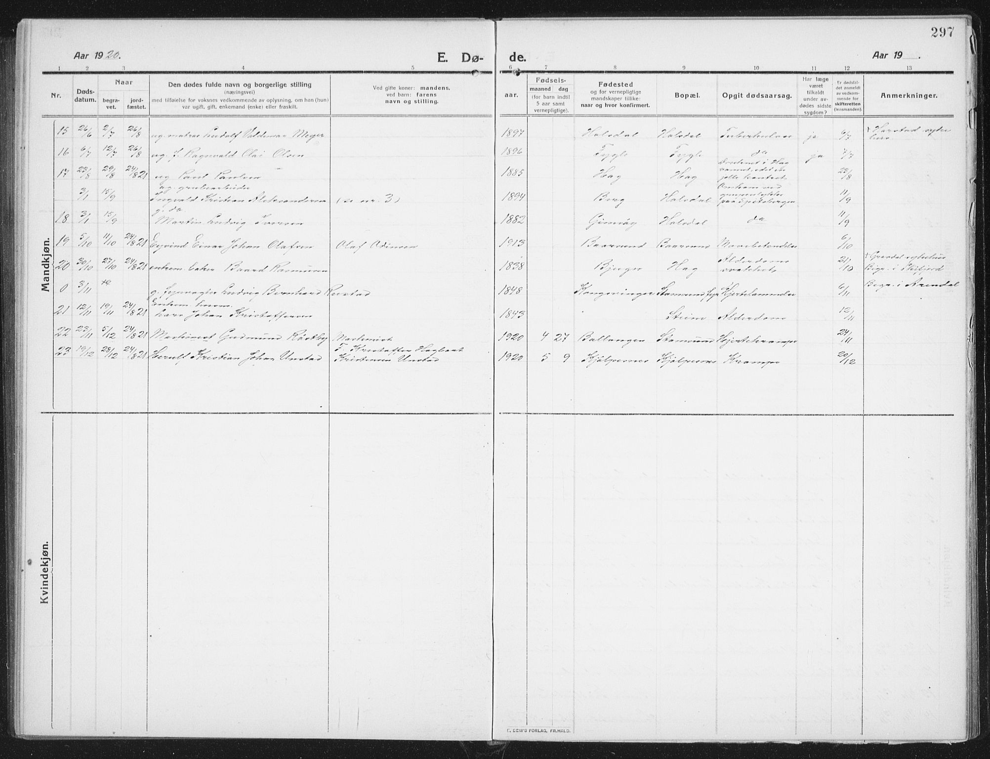 Ministerialprotokoller, klokkerbøker og fødselsregistre - Nordland, AV/SAT-A-1459/882/L1183: Parish register (copy) no. 882C01, 1911-1938, p. 297