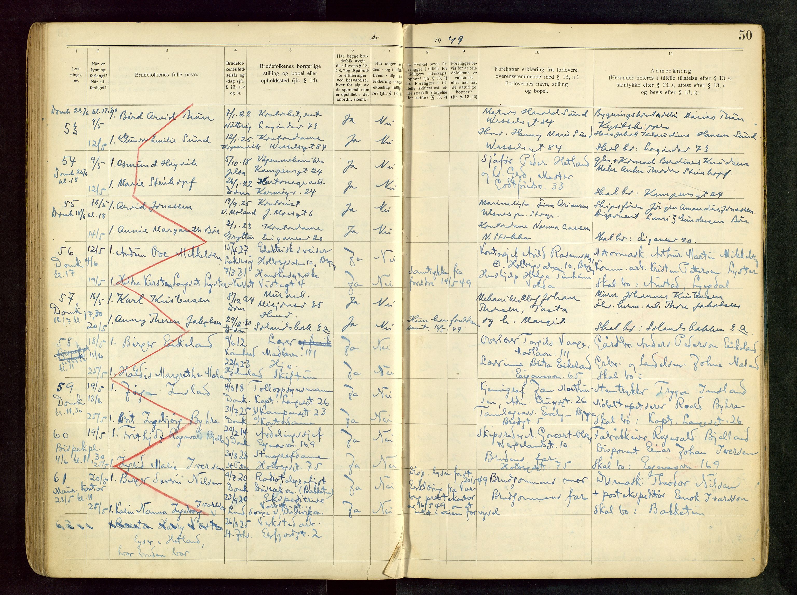 Domkirken sokneprestkontor, AV/SAST-A-101812/001/70/705BB/L0004: Banns register no. 4, 1943-1951, p. 50