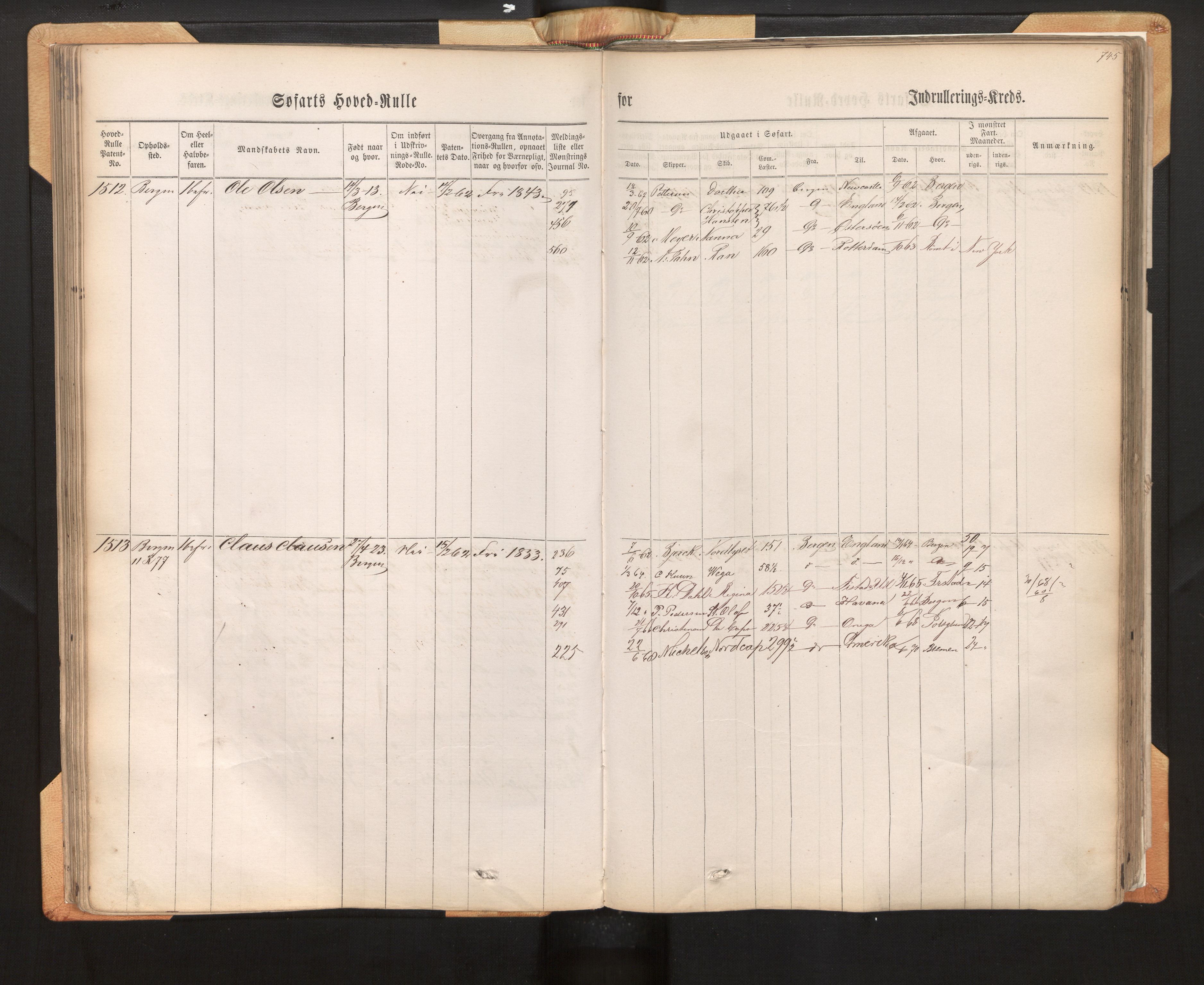 Innrulleringssjefen i Bergen, AV/SAB-A-100050/F/Fh/L0009: Sjøfarts-hovedrulle for Bergen krets, fol. 637 - ut, 1860-1865, p. 745