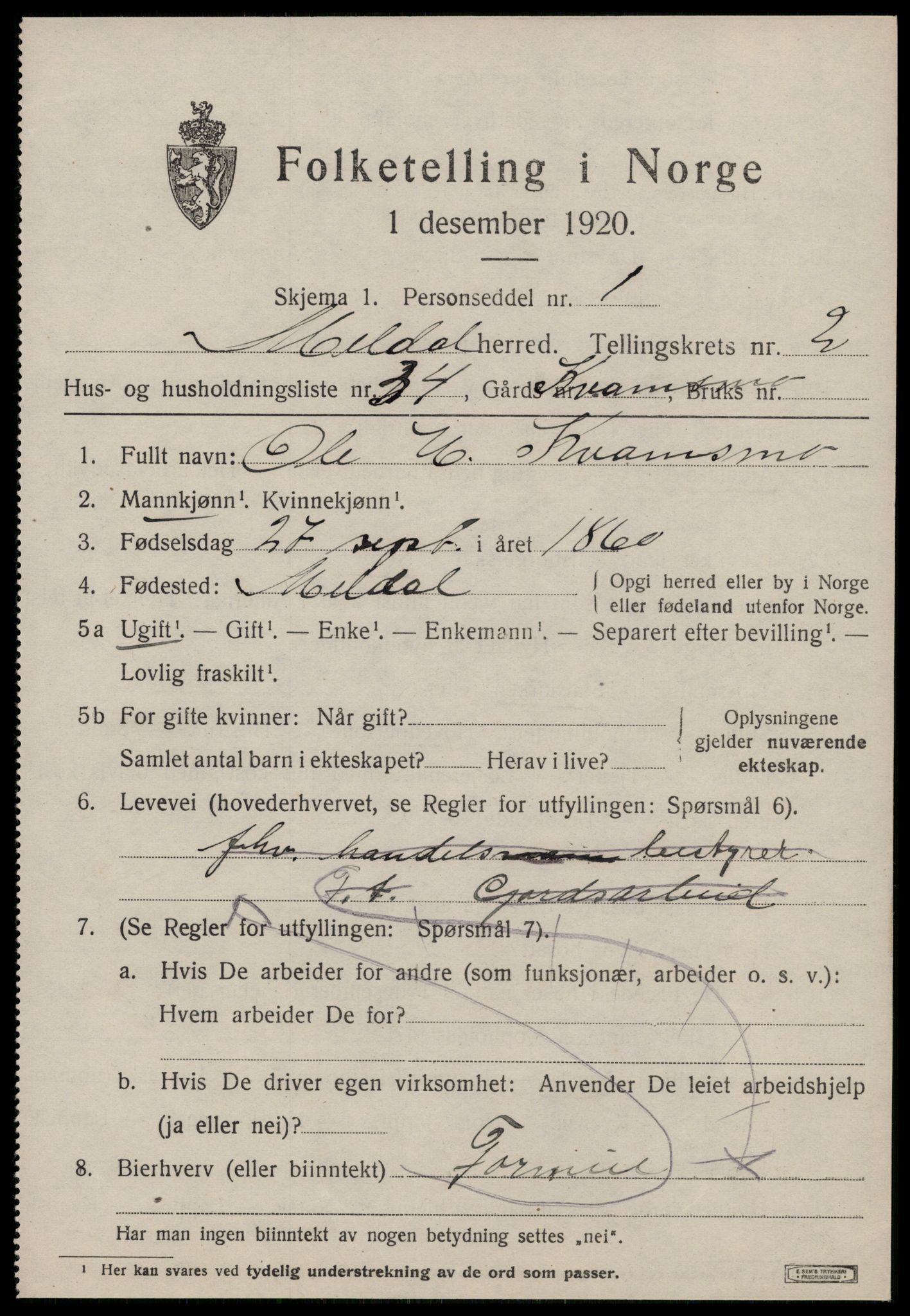 SAT, 1920 census for Meldal, 1920, p. 2405