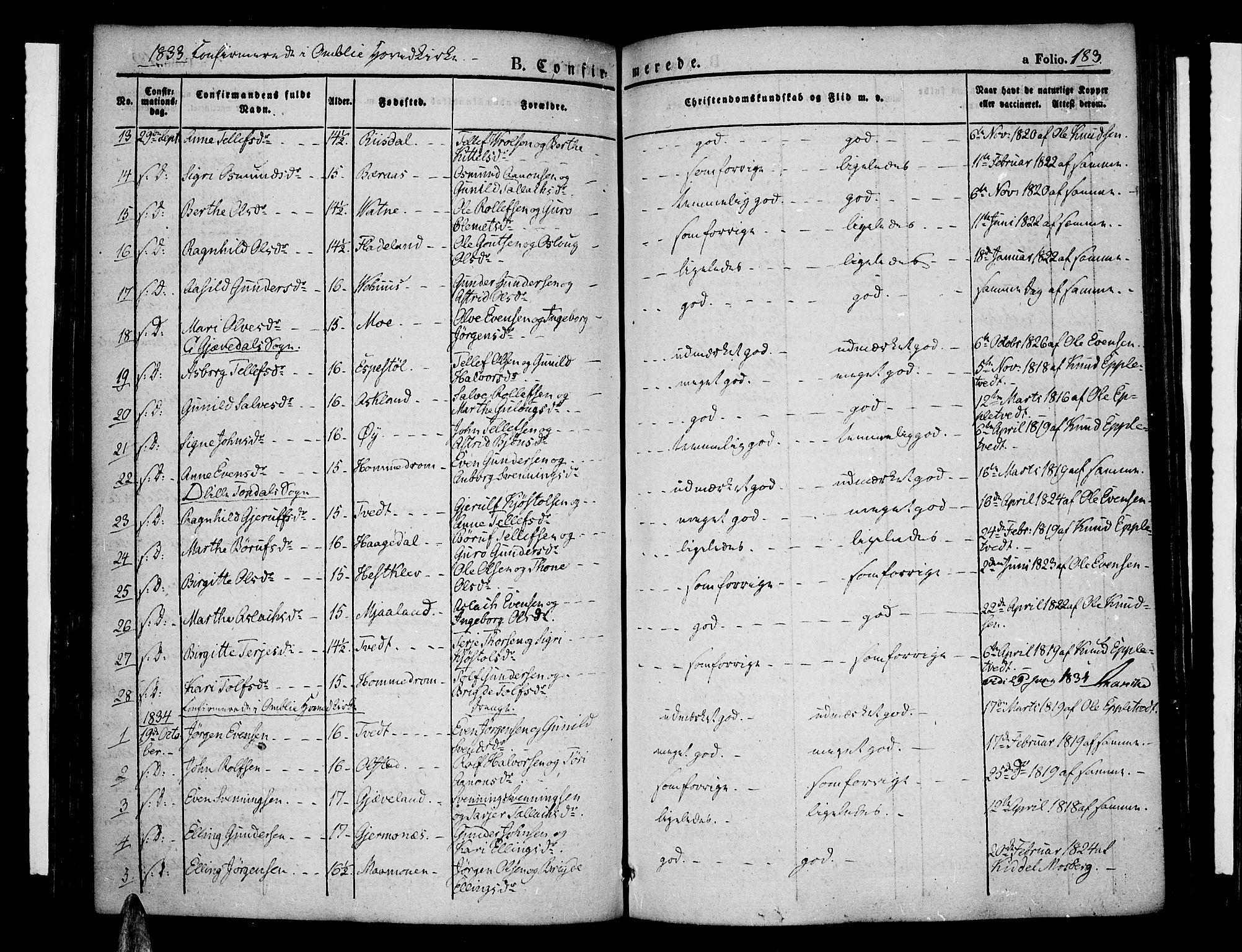 Åmli sokneprestkontor, SAK/1111-0050/F/Fa/Fac/L0007: Parish register (official) no. A 7 /1, 1829-1851, p. 183