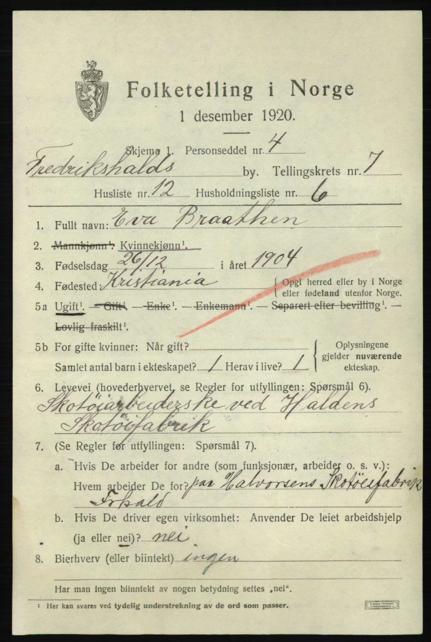 SAO, 1920 census for Fredrikshald, 1920, p. 14094