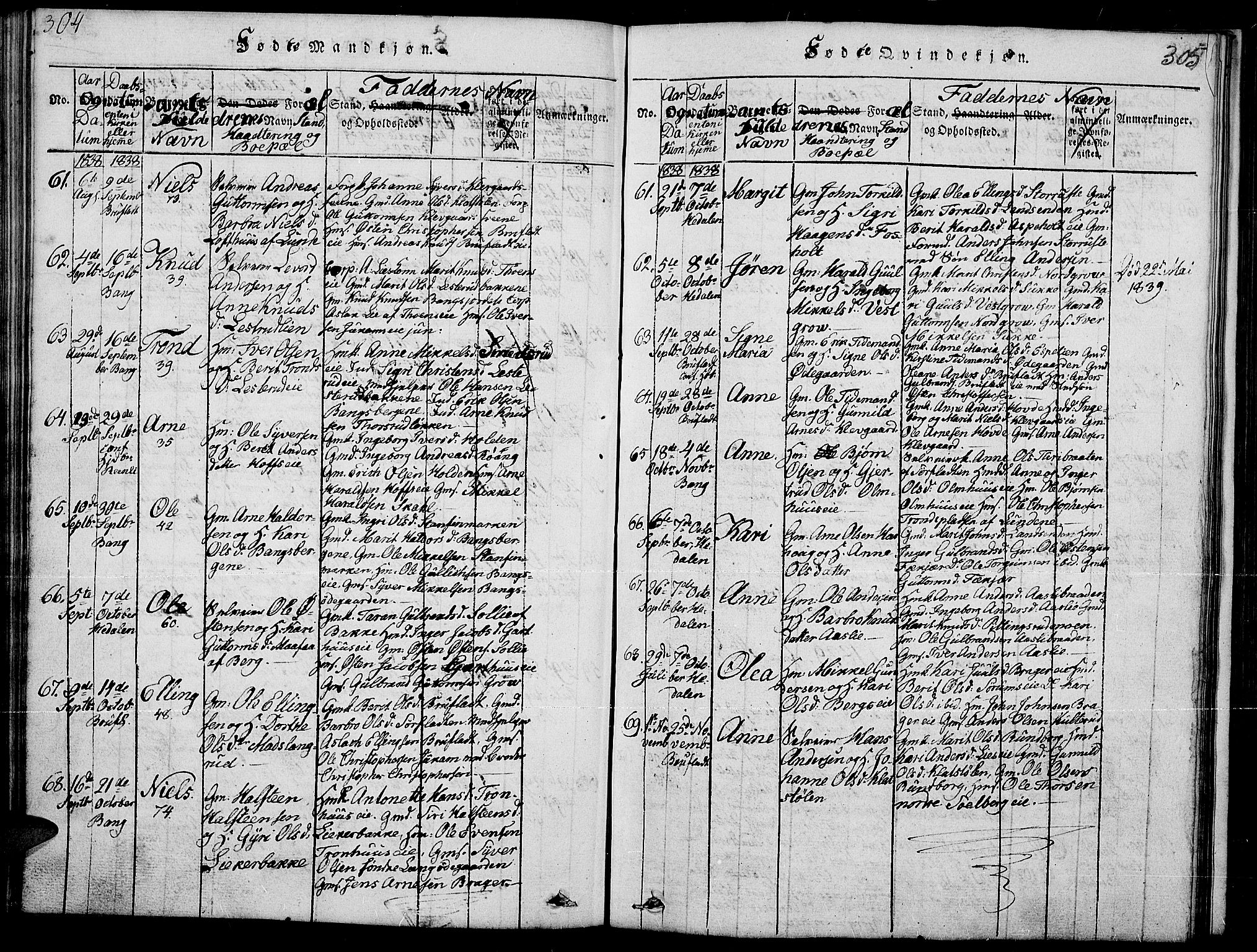 Sør-Aurdal prestekontor, SAH/PREST-128/H/Ha/Hab/L0002: Parish register (copy) no. 2, 1826-1840, p. 304-305