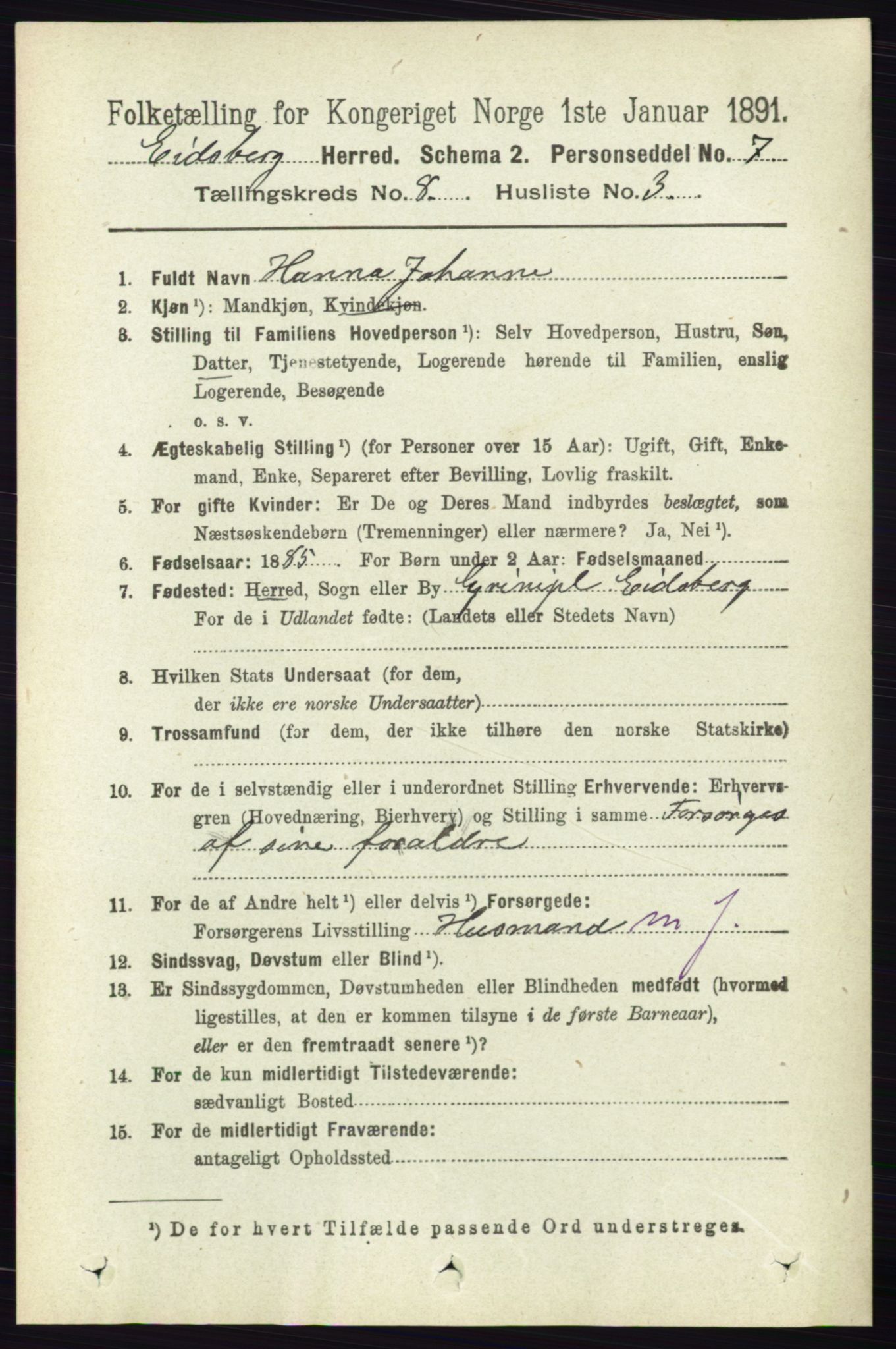 RA, 1891 census for 0125 Eidsberg, 1891, p. 4653