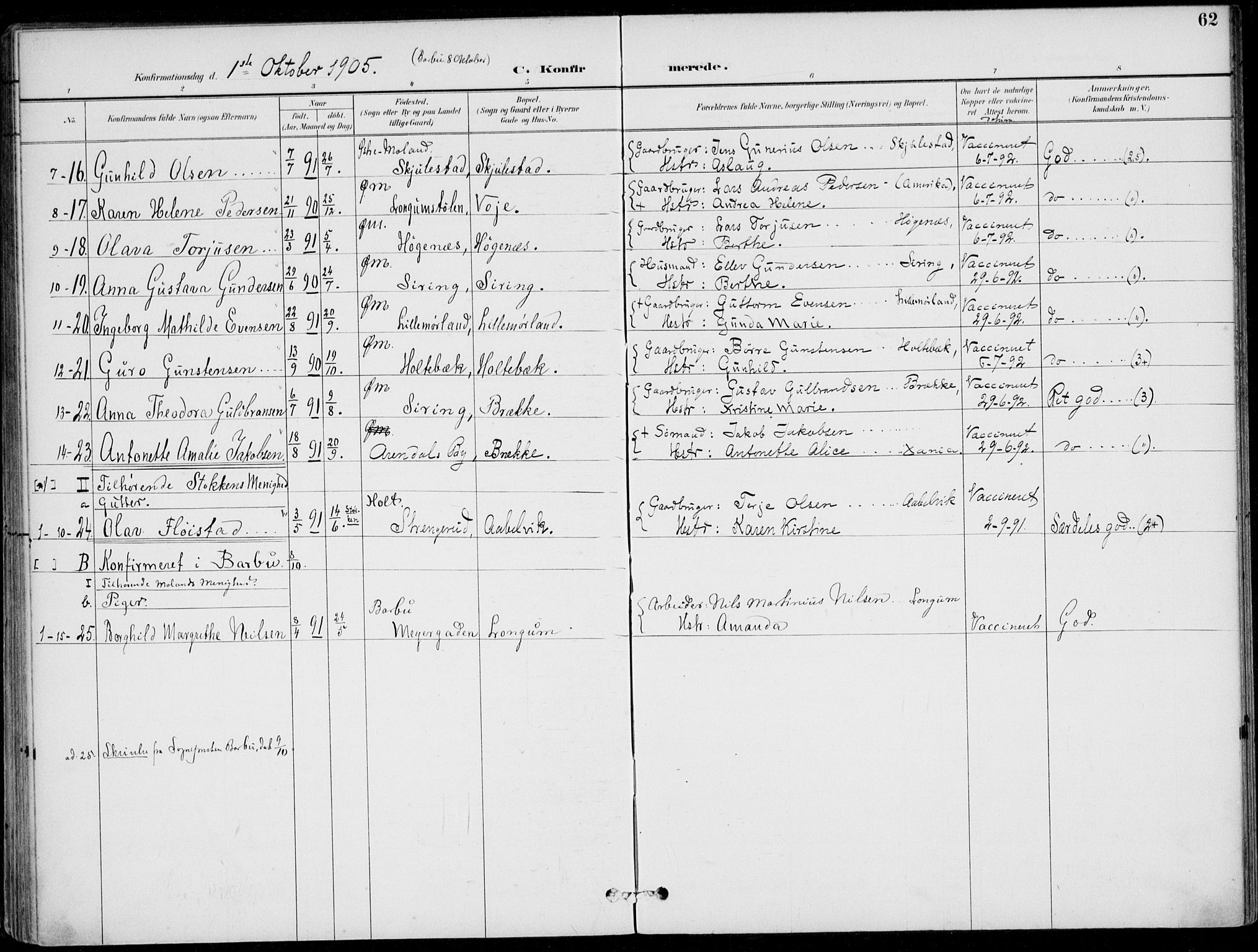 Austre Moland sokneprestkontor, SAK/1111-0001/F/Fa/Faa/L0011: Parish register (official) no. A 11, 1894-1915, p. 62