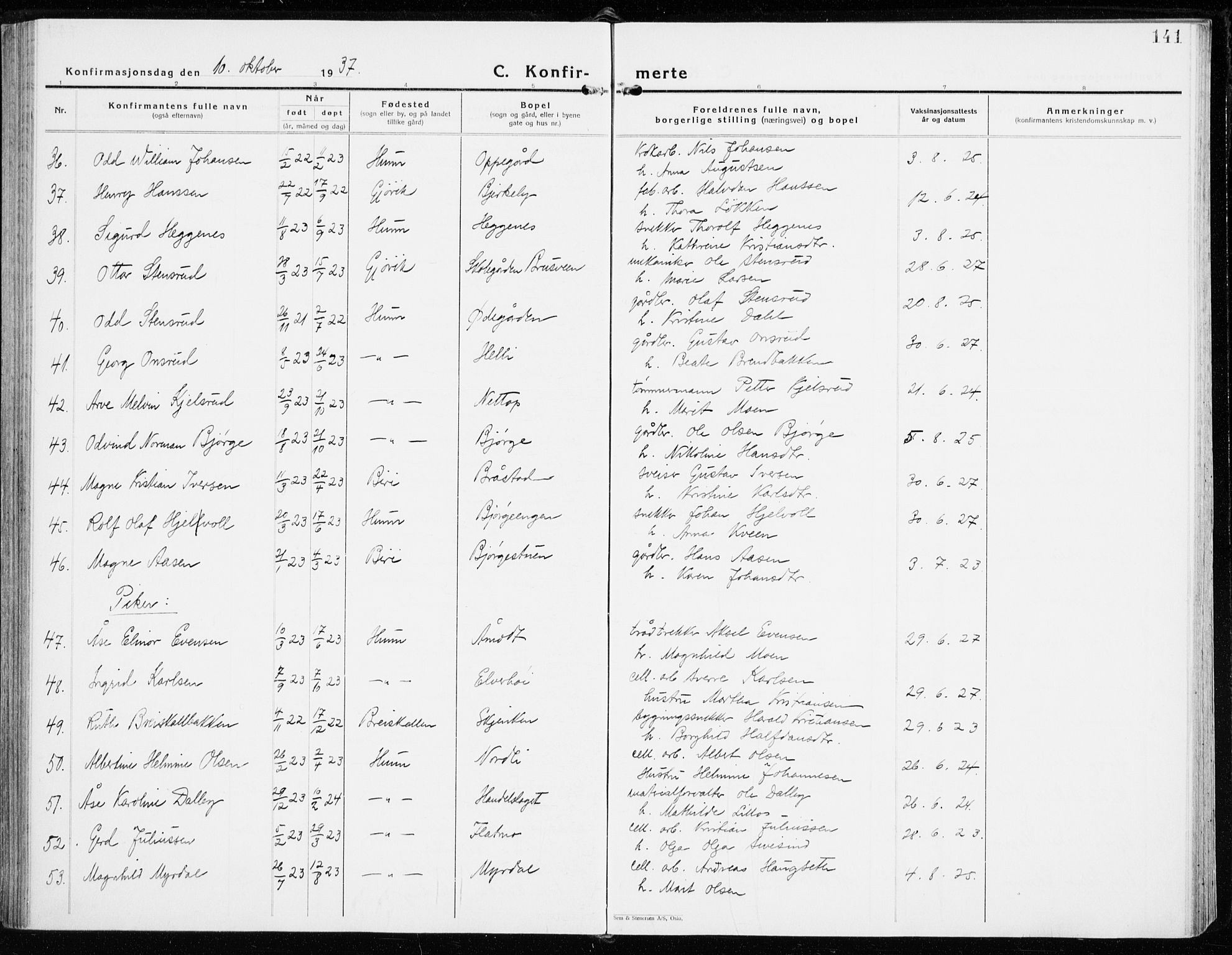 Vardal prestekontor, AV/SAH-PREST-100/H/Ha/Haa/L0018: Parish register (official) no. 18, 1930-1945, p. 141