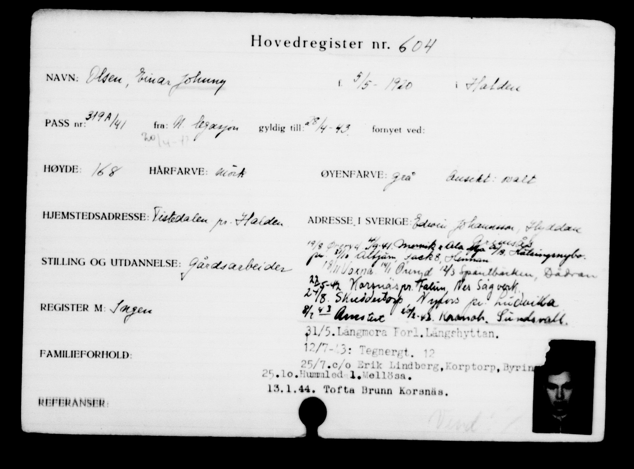 Utenriksstasjonene, Legasjonen i Stockholm, Flyktningkontoret, AV/RA-S-6753/V/Va/L0001: Kjesäterkartoteket, flyktninger med registreringsnr. 1-1000, 1940-1945, p. 945