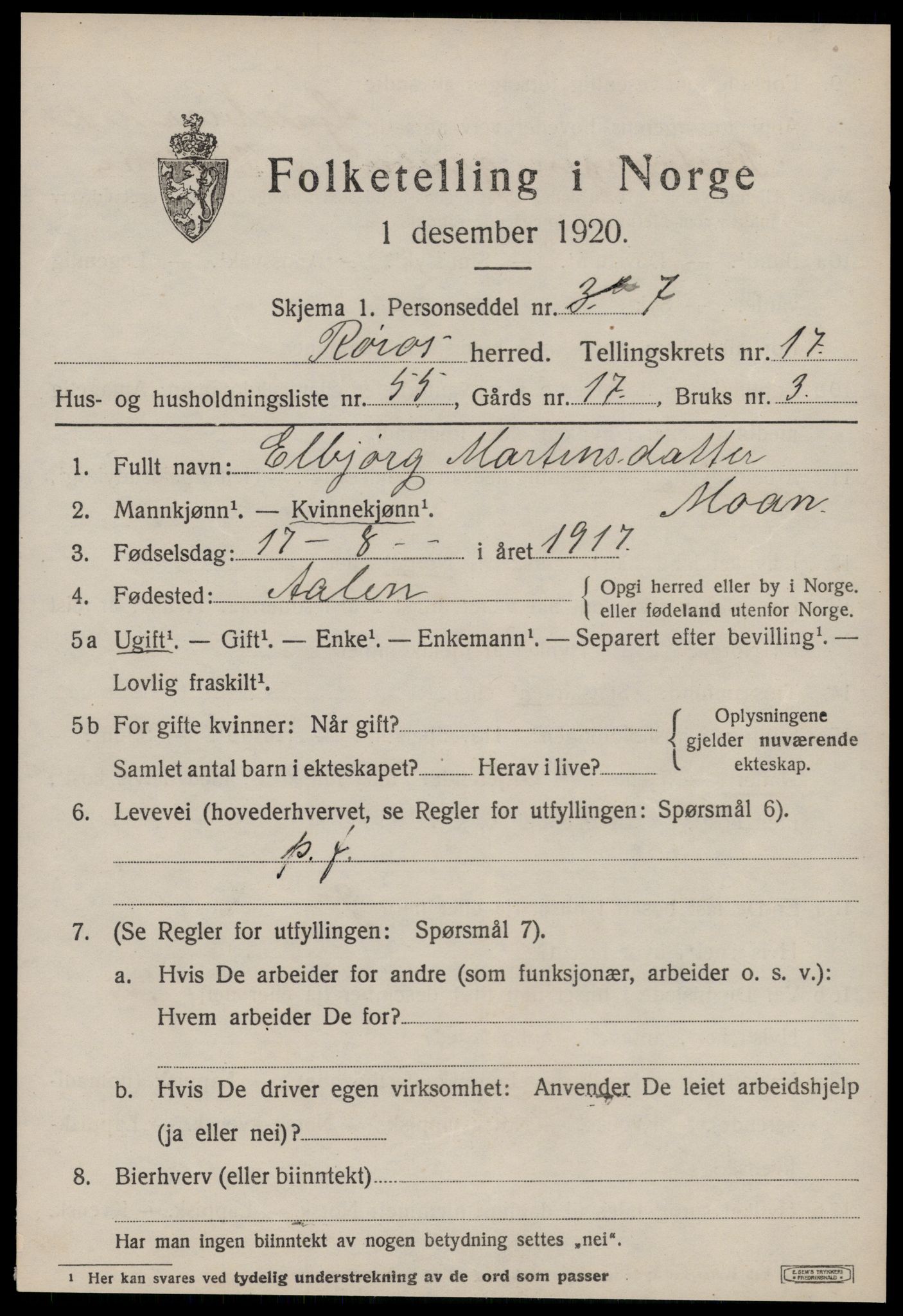 SAT, 1920 census for Røros, 1920, p. 12238