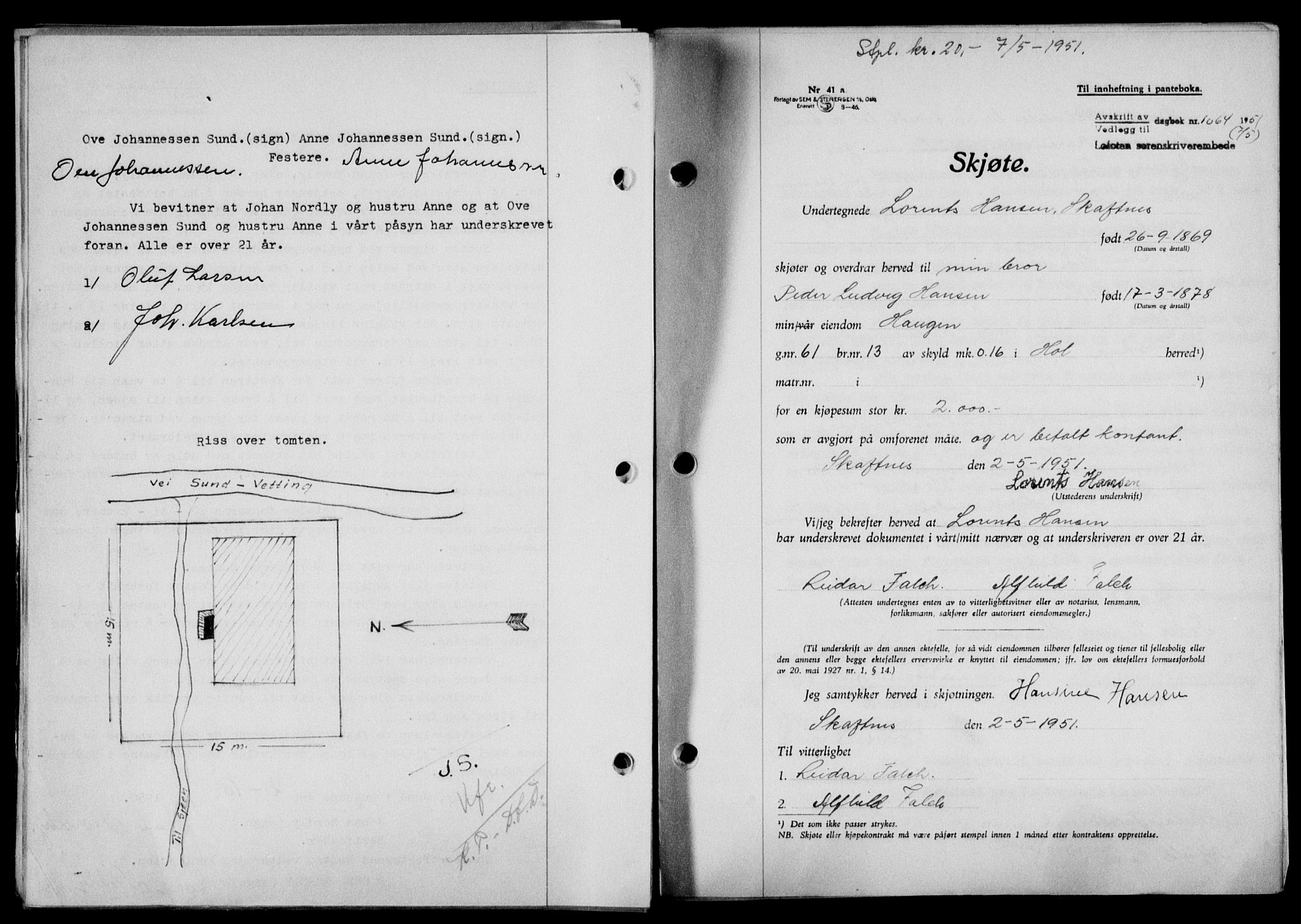 Lofoten sorenskriveri, SAT/A-0017/1/2/2C/L0025a: Mortgage book no. 25a, 1950-1951, Diary no: : 1064/1951