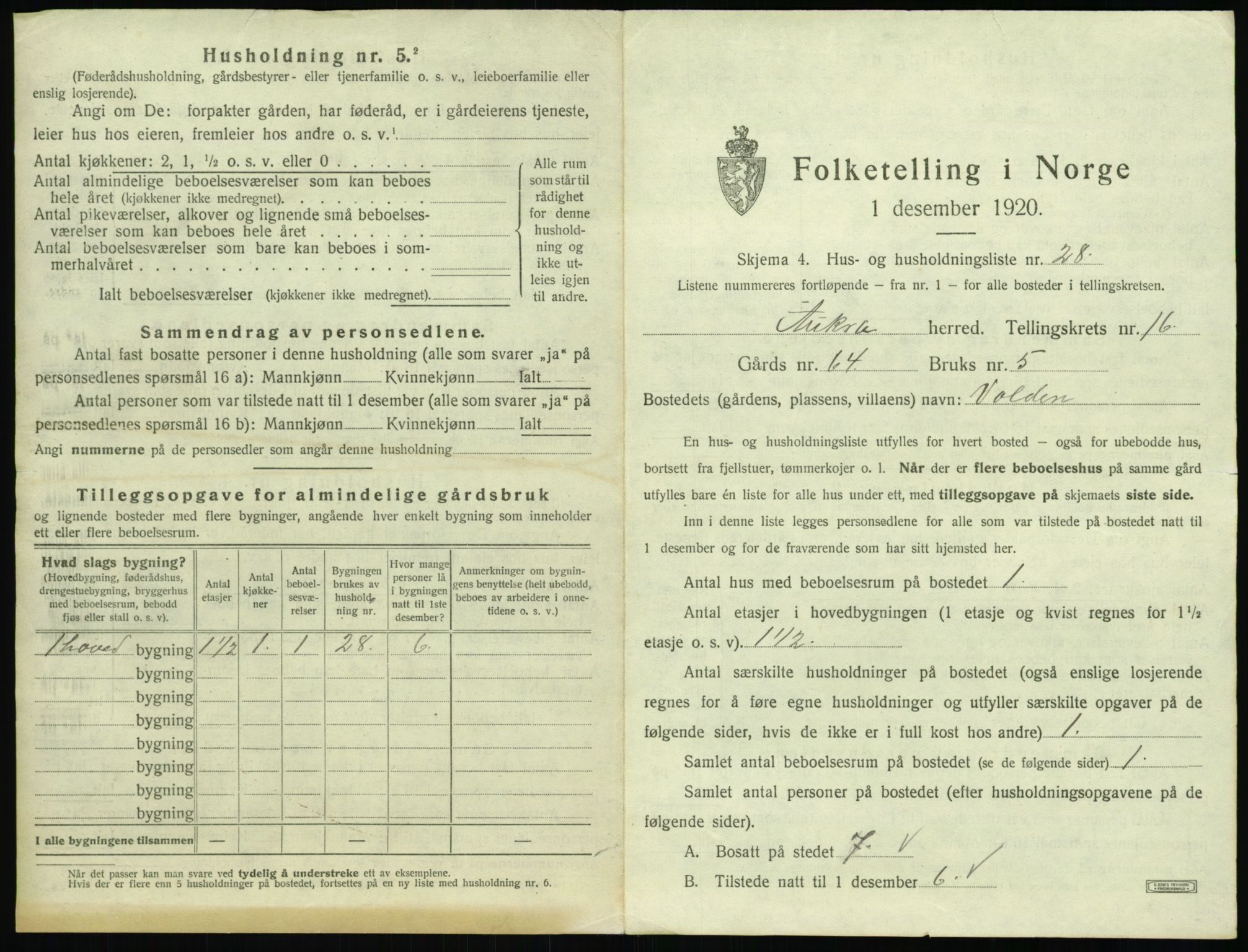 SAT, 1920 census for Aukra, 1920, p. 1003