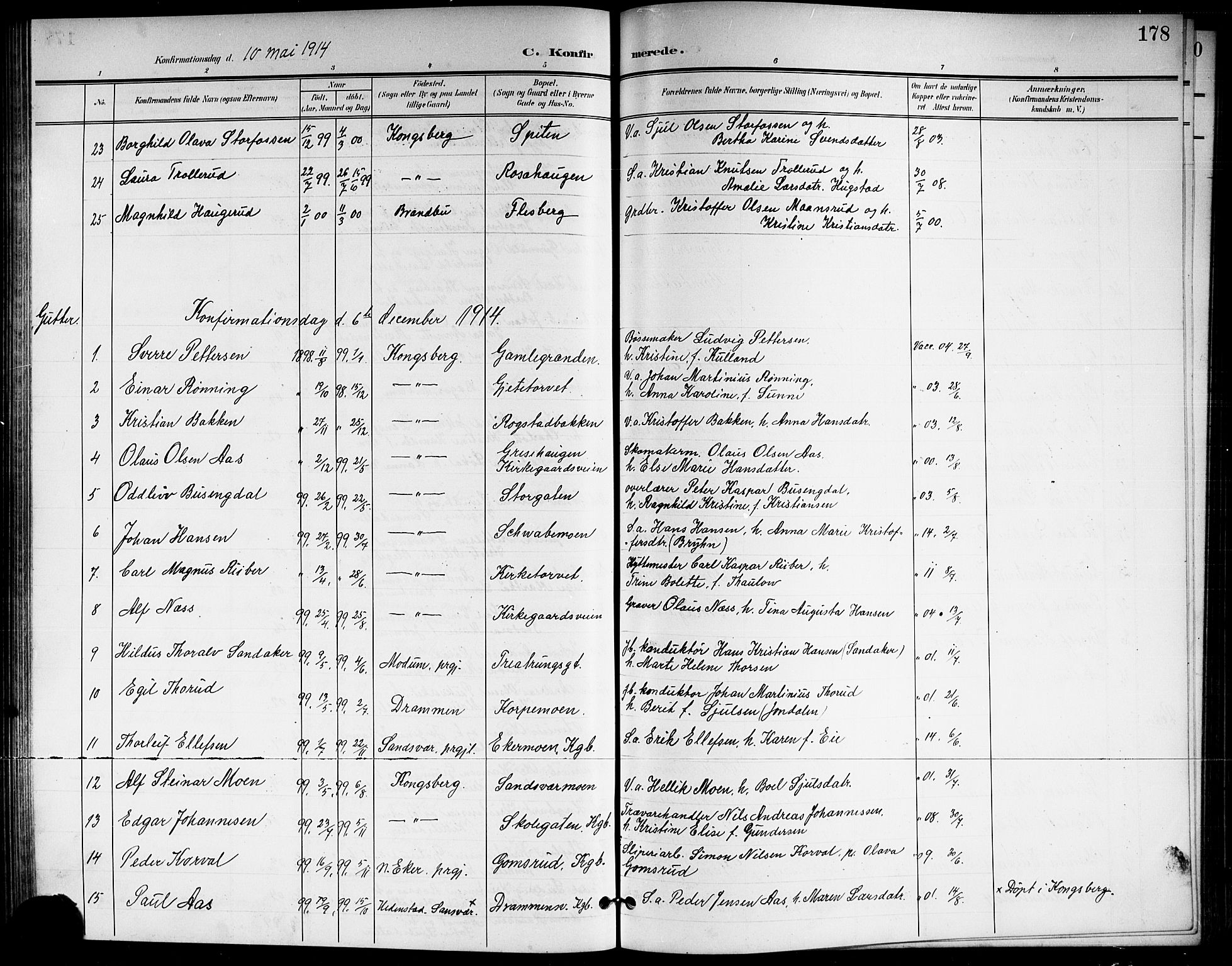 Kongsberg kirkebøker, AV/SAKO-A-22/G/Ga/L0007: Parish register (copy) no. 7, 1901-1915, p. 178