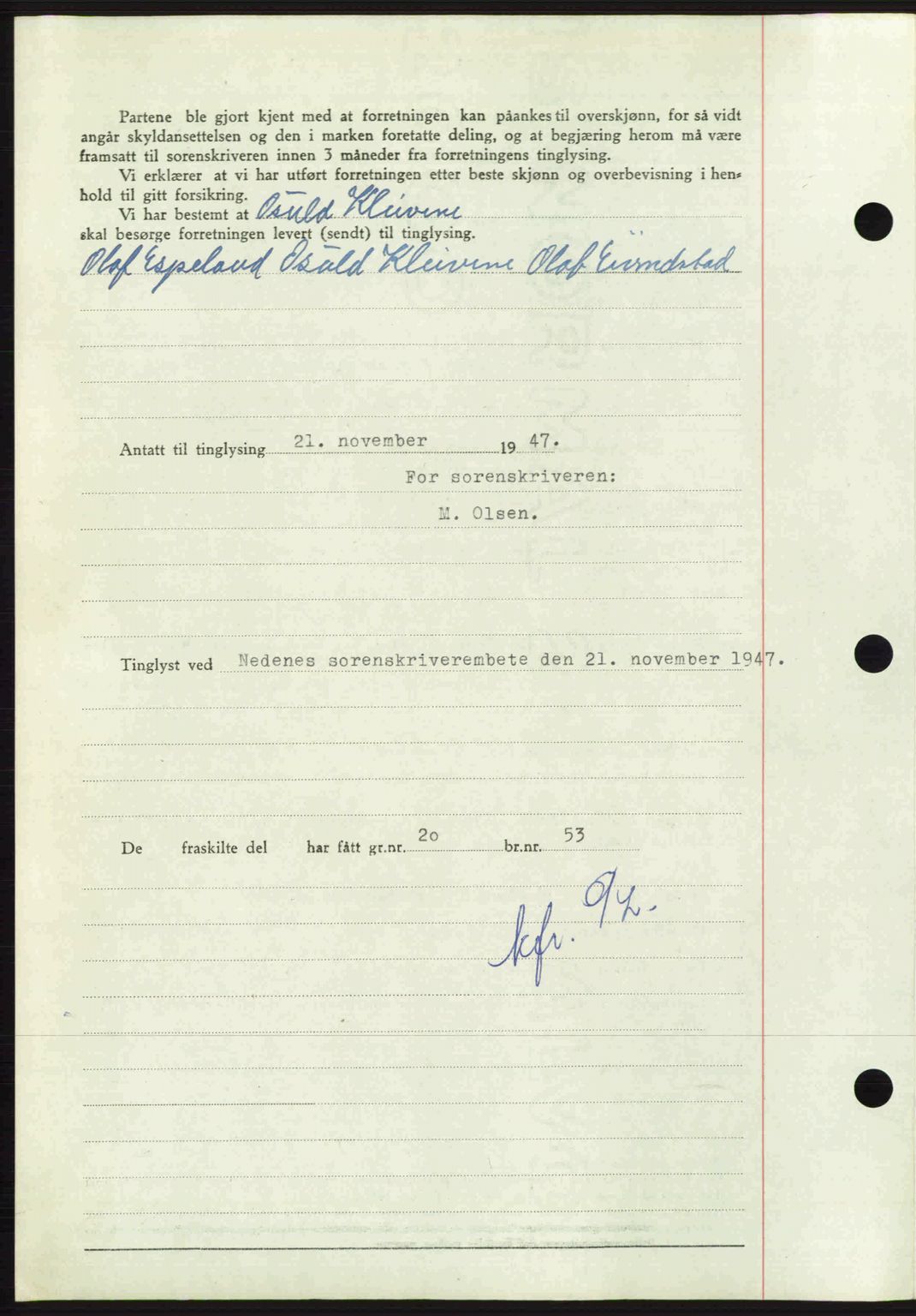 Nedenes sorenskriveri, AV/SAK-1221-0006/G/Gb/Gba/L0058: Mortgage book no. A10, 1947-1948, Diary no: : 1728/1947